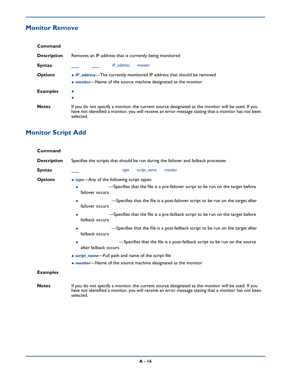 Monitor remove, Monitor script add, Monitor remove monitor script add | HP Storage Mirroring Software User Manual | Page 279 / 339