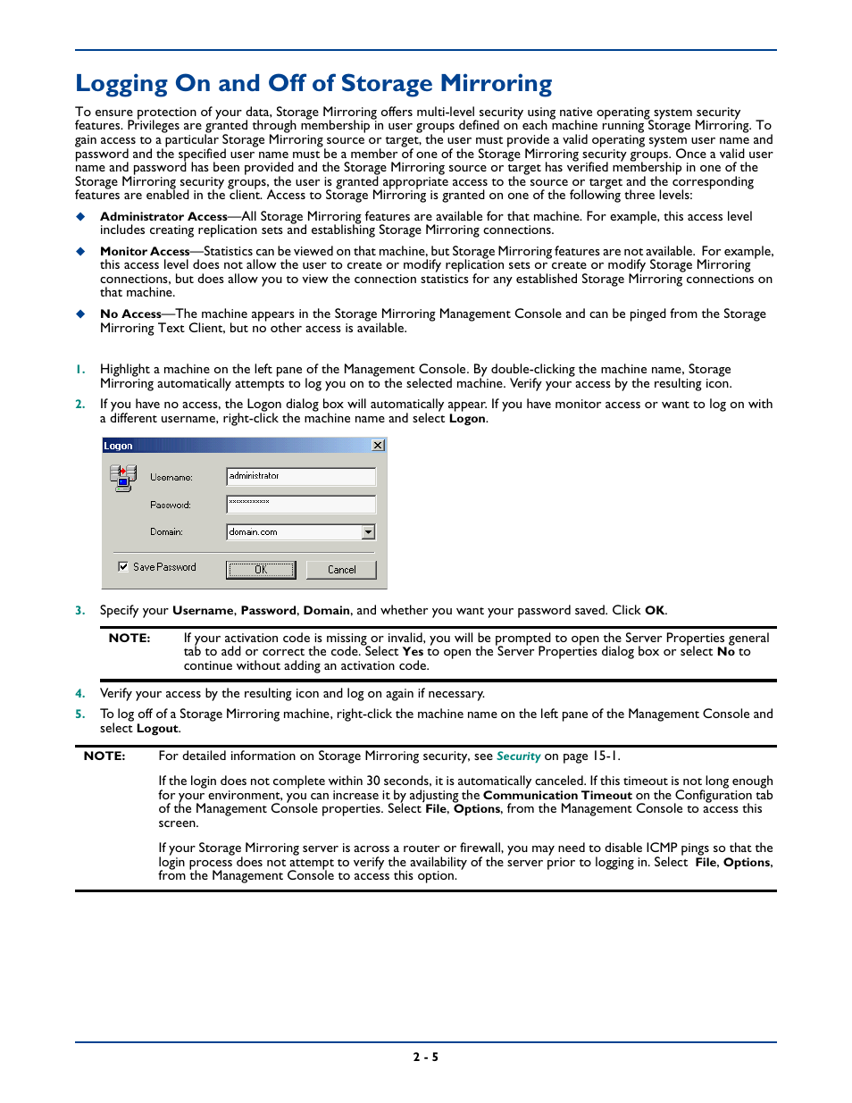 Logging on and off of storage mirroring, Logging on and off of storage mirroring -5 | HP Storage Mirroring Software User Manual | Page 28 / 339