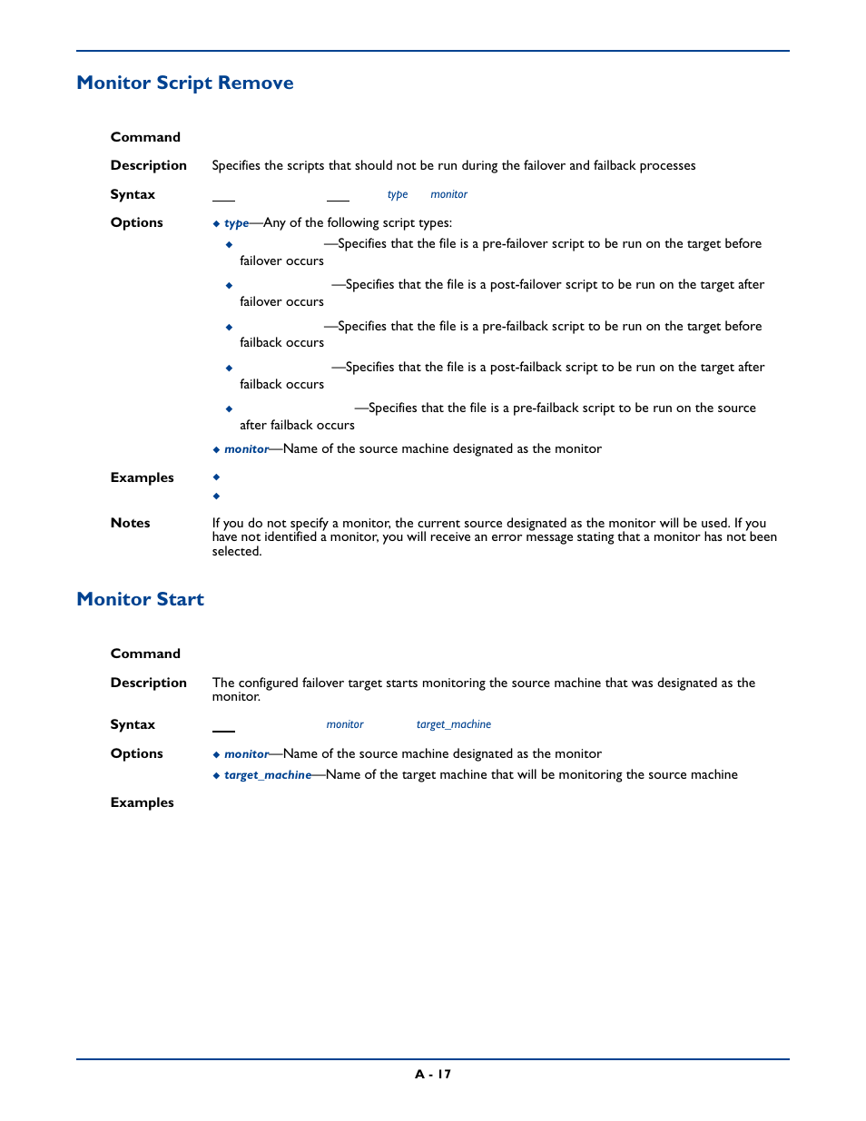 Monitor script remove, Monitor start, Monitor script remove monitor start | HP Storage Mirroring Software User Manual | Page 280 / 339