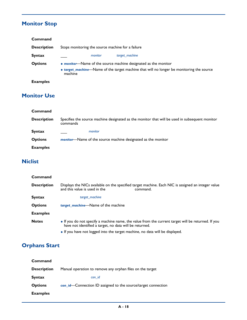 Monitor stop, Monitor use, Niclist | Orphans start, Monitor stop monitor use niclist orphans start | HP Storage Mirroring Software User Manual | Page 281 / 339