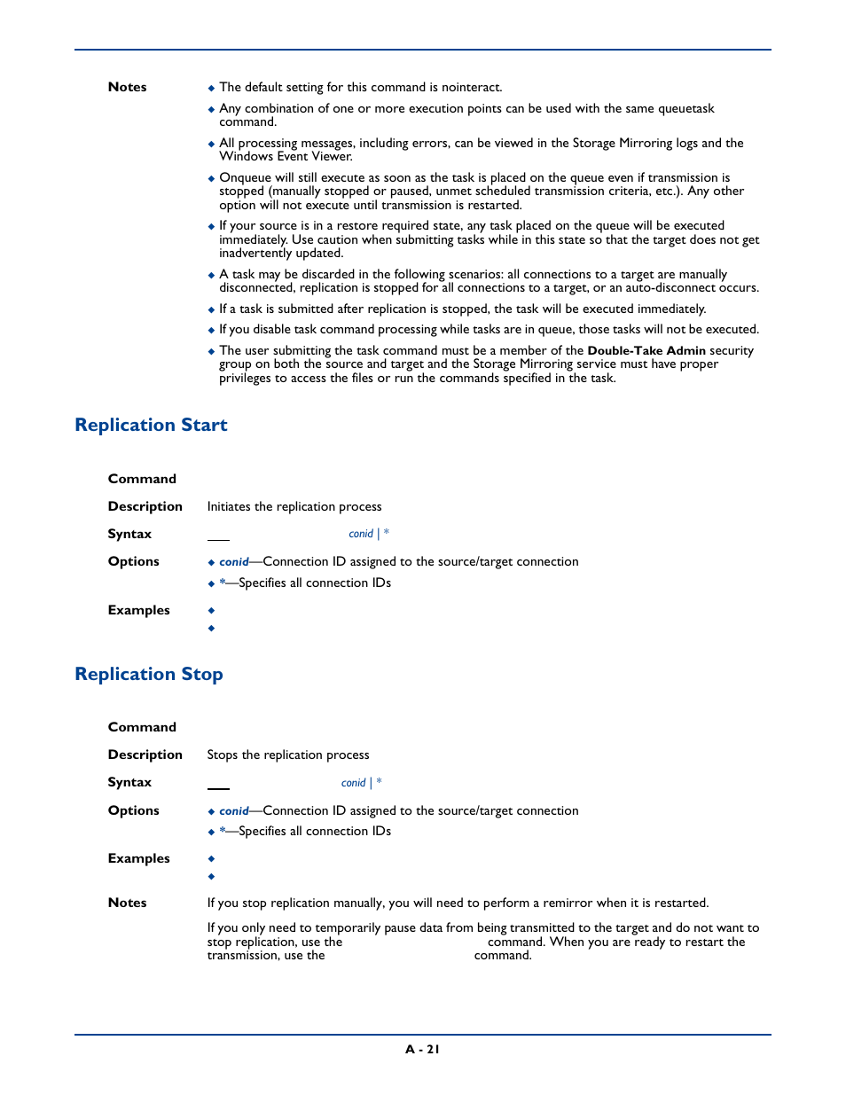 Replication start, Replication stop, Replication start replication stop | HP Storage Mirroring Software User Manual | Page 284 / 339