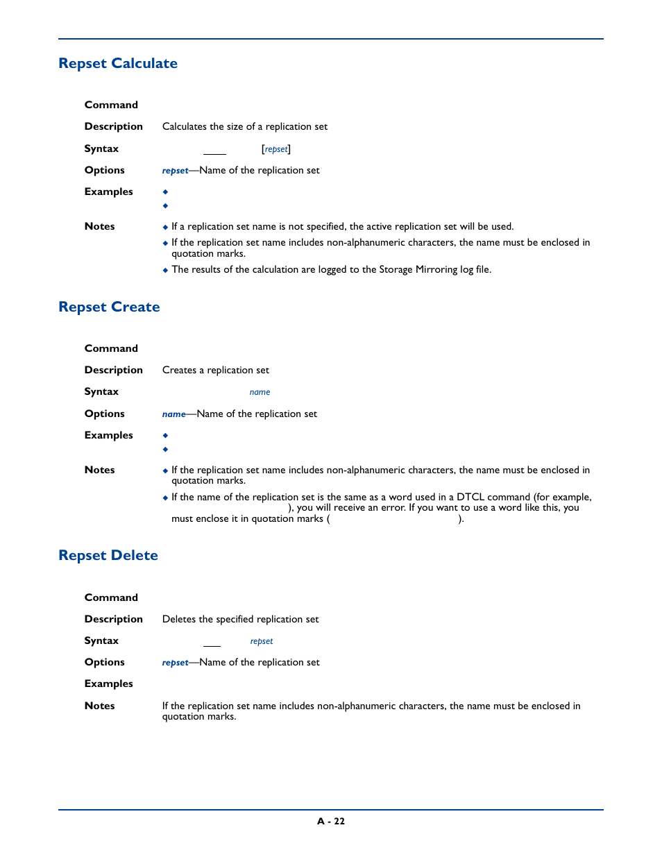 Repset calculate, Repset create, Repset delete | Repset calculate repset create repset delete | HP Storage Mirroring Software User Manual | Page 285 / 339