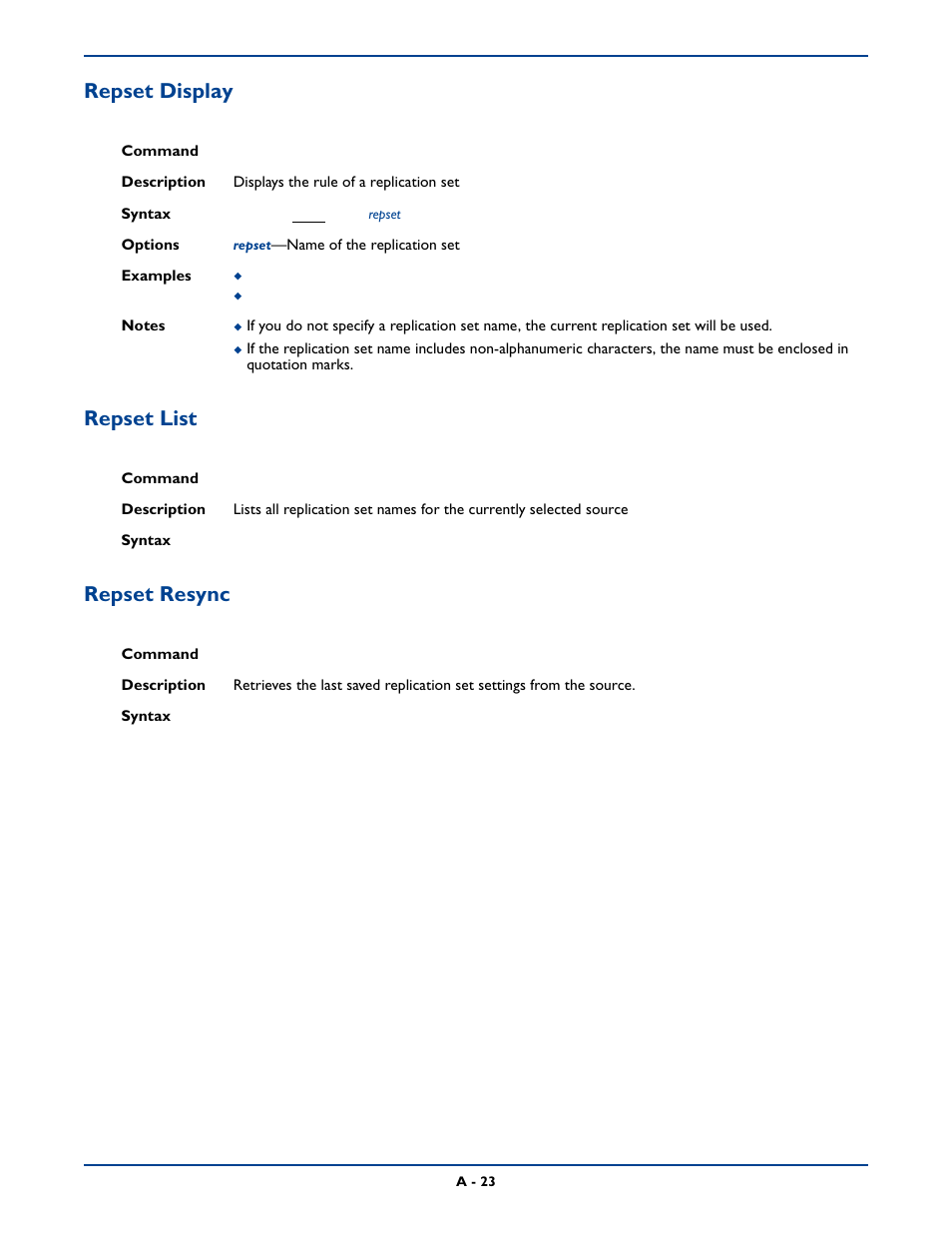Repset display, Repset list, Repset resync | Repset display repset list repset resync | HP Storage Mirroring Software User Manual | Page 286 / 339
