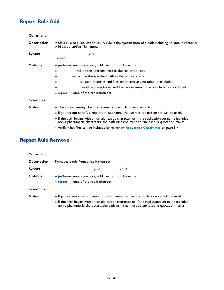 Repset rule add, Repset rule remove | HP Storage Mirroring Software User Manual | Page 287 / 339