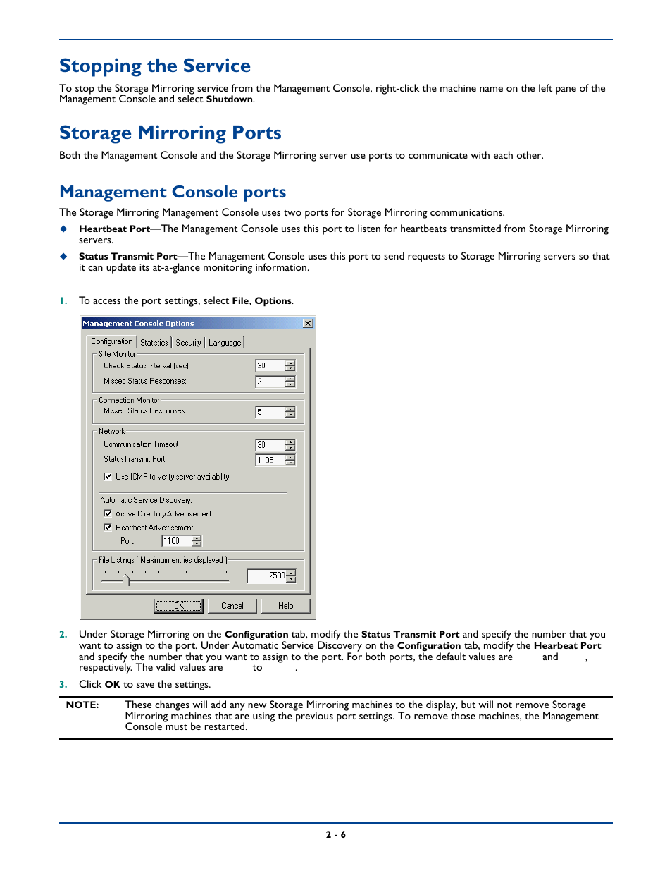 Stopping the service, Storage mirroring ports, Management console ports | Stopping the service -6, Storage mirroring ports -6, Management console ports -6 | HP Storage Mirroring Software User Manual | Page 29 / 339