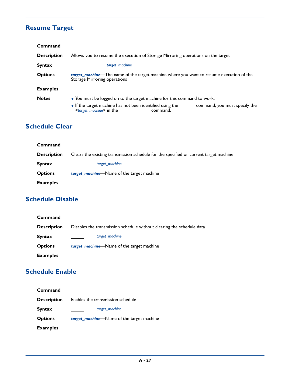 Resume target, Schedule clear, Schedule disable | Schedule enable | HP Storage Mirroring Software User Manual | Page 290 / 339