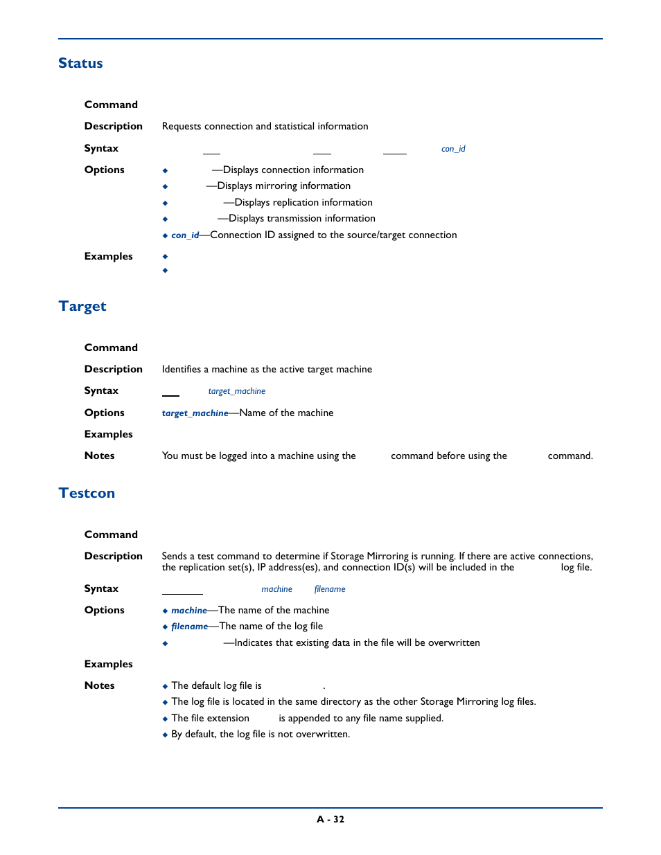 Status, Target, Testcon | Status target testcon | HP Storage Mirroring Software User Manual | Page 295 / 339