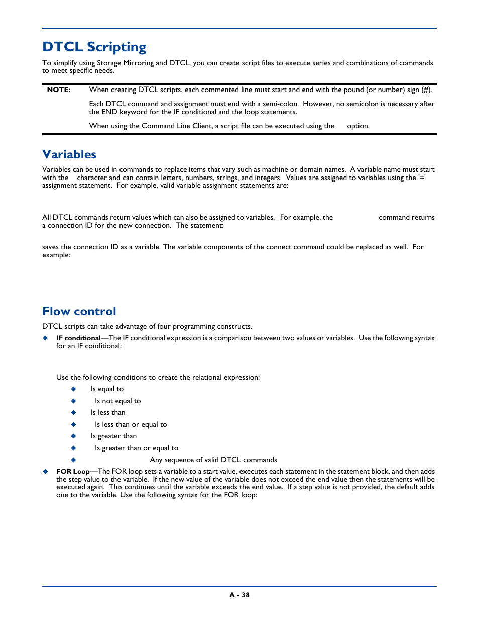 Dtcl scripting, Variables, Flow control | HP Storage Mirroring Software User Manual | Page 301 / 339