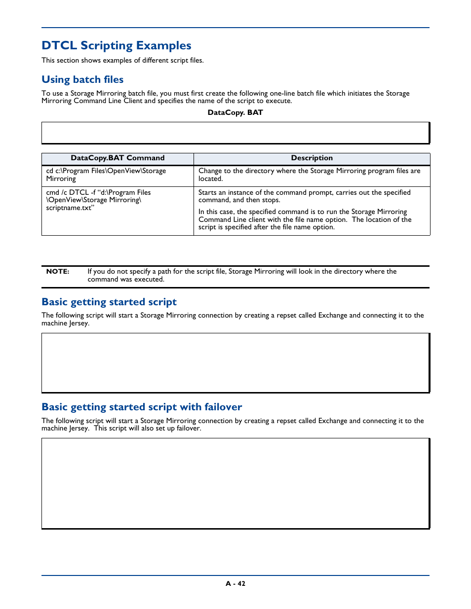 Dtcl scripting examples, Using batch files, Basic getting started script | Basic getting started script with failover | HP Storage Mirroring Software User Manual | Page 305 / 339