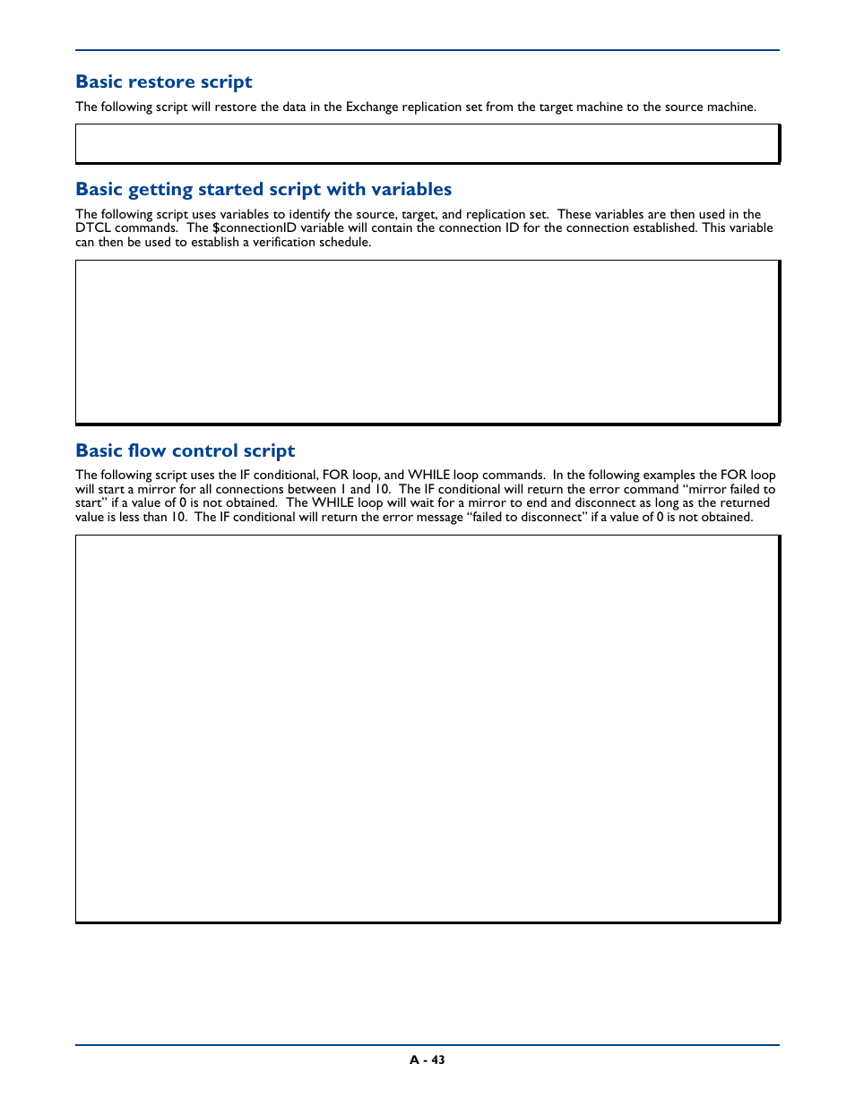 Basic restore script, Basic getting started script with variables, Basic flow control script | HP Storage Mirroring Software User Manual | Page 306 / 339