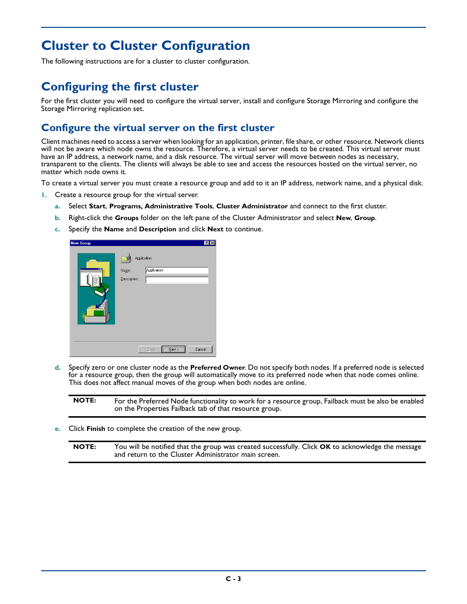 Cluster to cluster configuration, Configuring the first cluster, Configure the virtual server on the first cluster | The first two configurations where t, Connection resource on the cluster | HP Storage Mirroring Software User Manual | Page 311 / 339