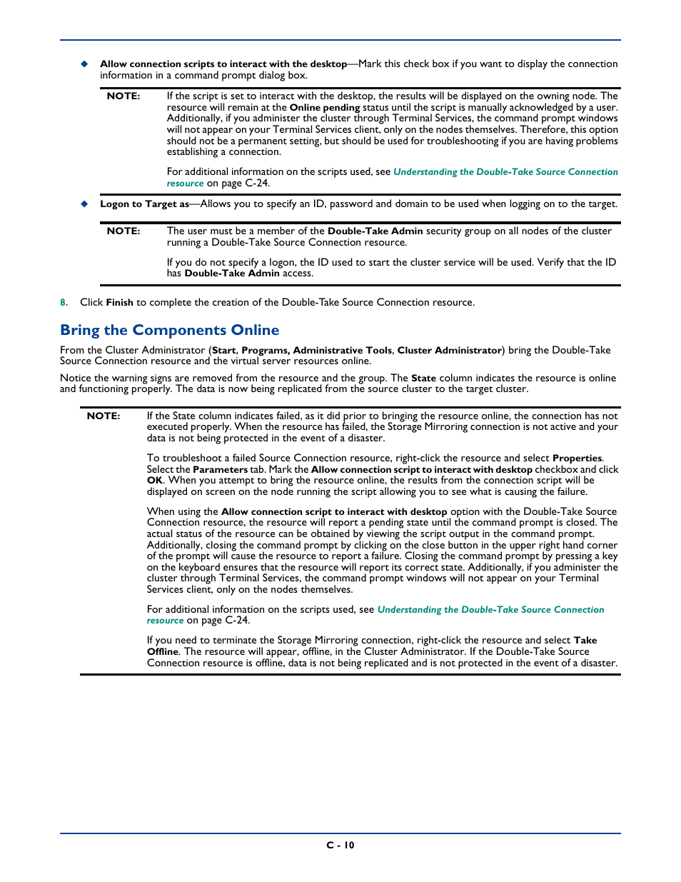 Bring the components online | HP Storage Mirroring Software User Manual | Page 318 / 339