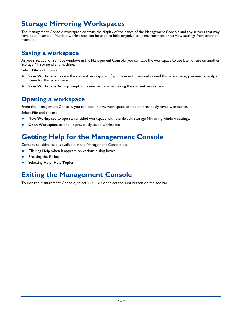 Storage mirroring workspaces, Saving a workspace, Opening a workspace | Getting help for the management console, Exiting the management console, Storage mirroring workspaces -9, Saving a workspace -9 opening a workspace -9, Getting help for the management console -9, Exiting the management console -9 | HP Storage Mirroring Software User Manual | Page 32 / 339