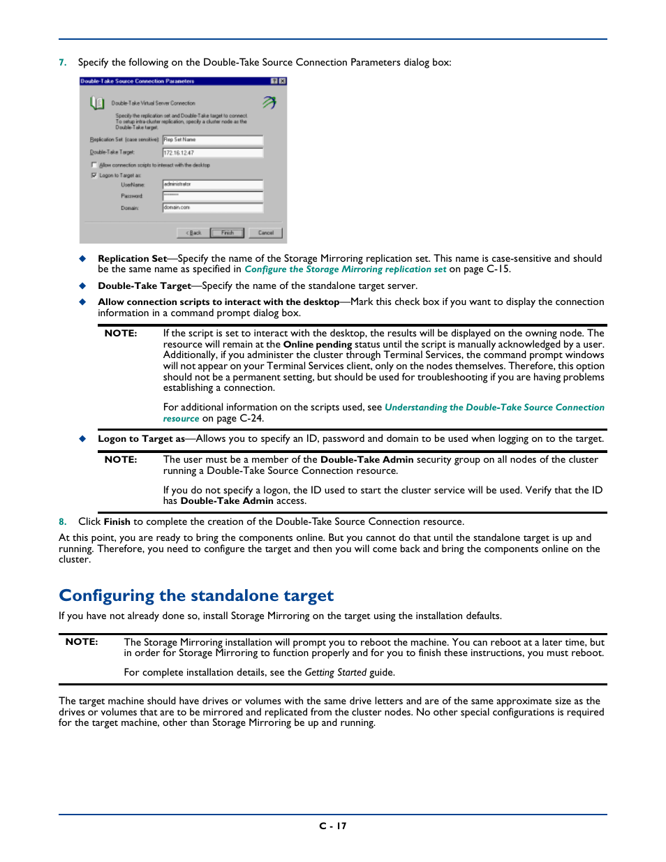 Configuring the standalone target | HP Storage Mirroring Software User Manual | Page 325 / 339