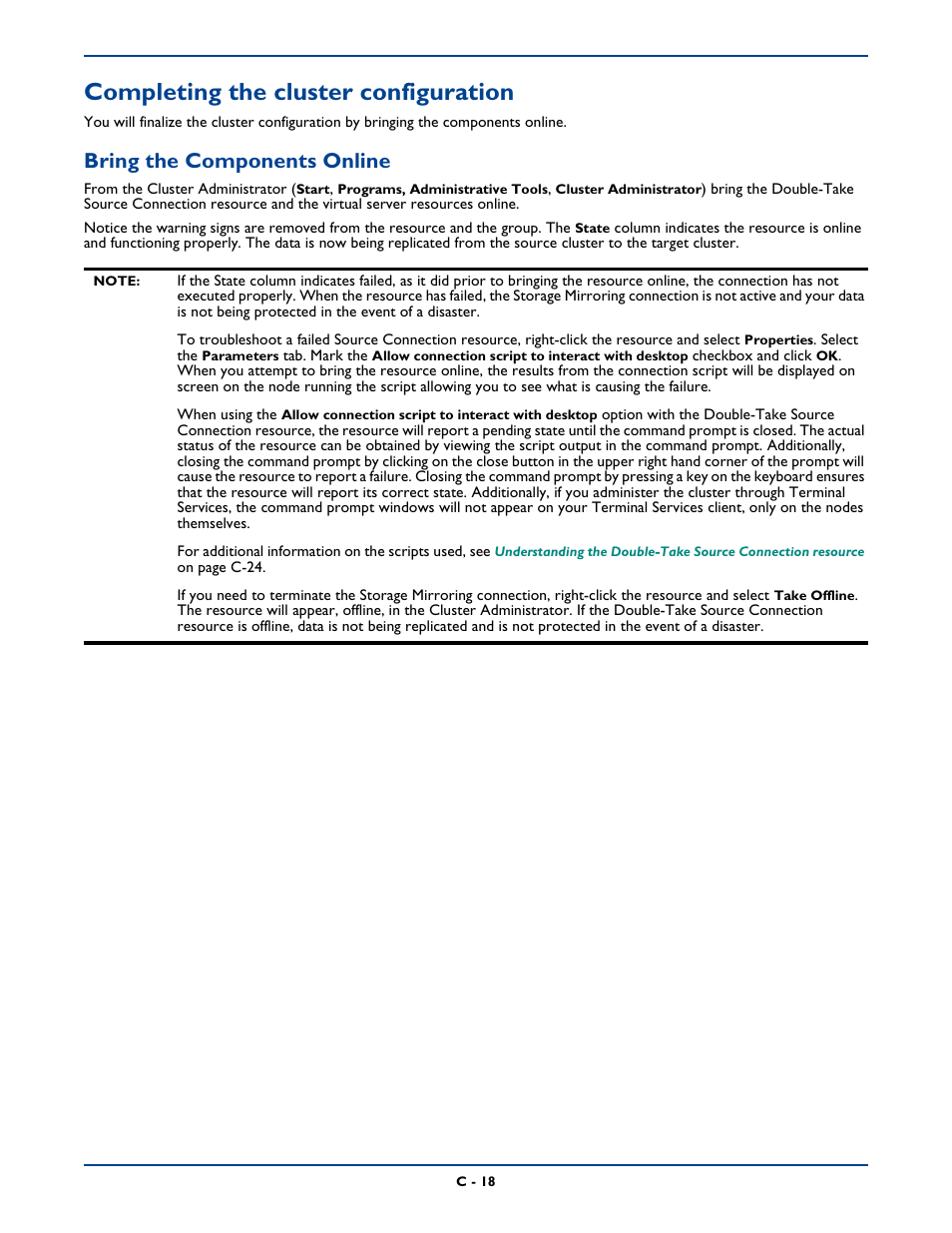 Completing the cluster configuration, Bring the components online | HP Storage Mirroring Software User Manual | Page 326 / 339