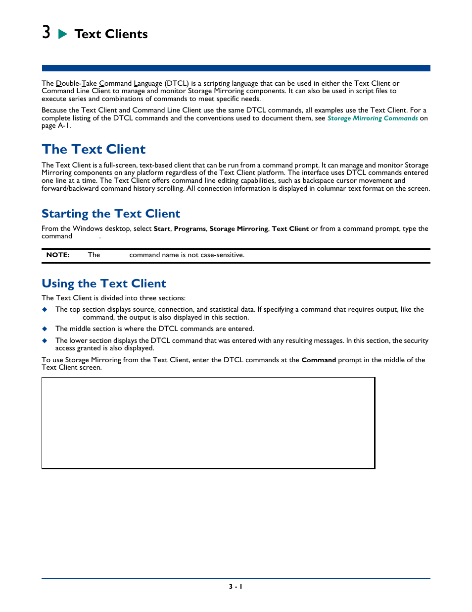 Text clients, The text client, Starting the text client | Using the text client, Chapter 3: text clients -1, The text client -1 | HP Storage Mirroring Software User Manual | Page 33 / 339