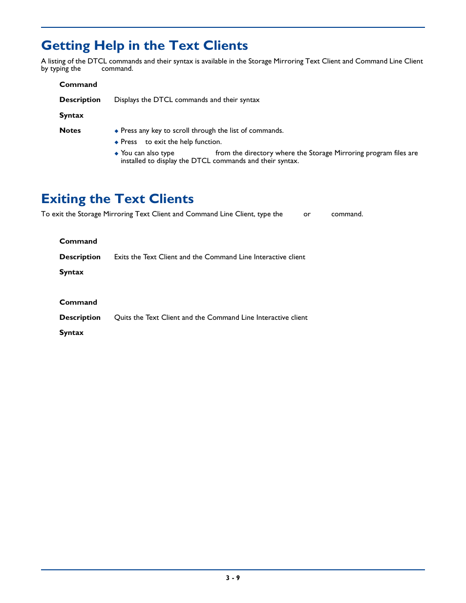 Getting help in the text clients, Exiting the text clients, Getting help in the text clients -9 | Exiting the text clients -9 | HP Storage Mirroring Software User Manual | Page 41 / 339