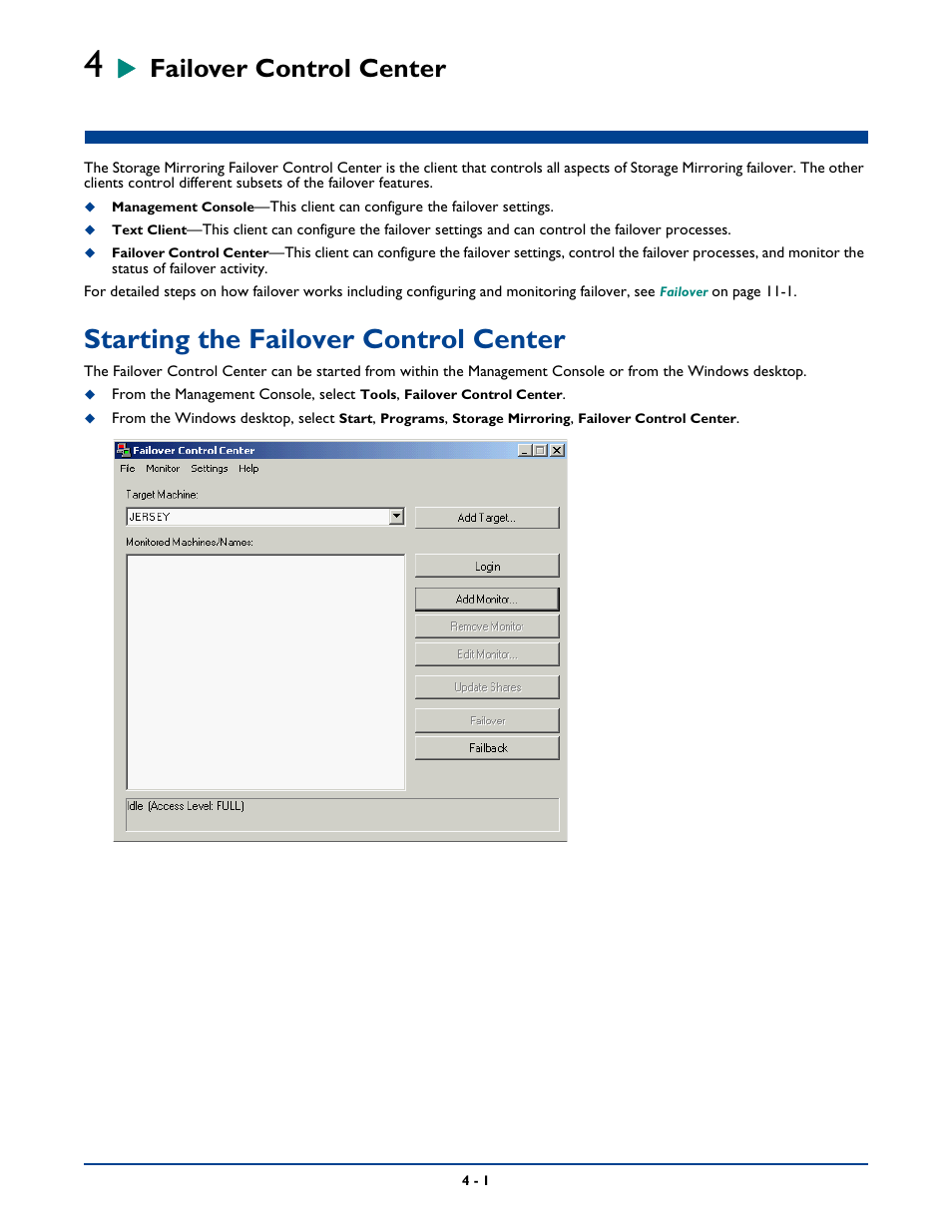 Failover control center, Starting the failover control center, Chapter 4: failover control center -1 | Starting the failover control center -1 | HP Storage Mirroring Software User Manual | Page 42 / 339