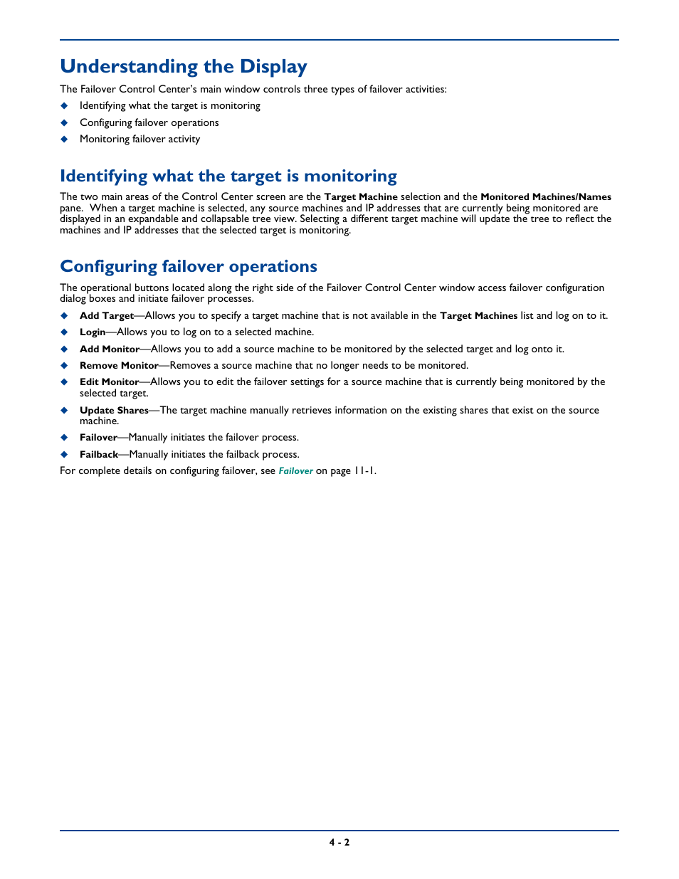 Understanding the display, Identifying what the target is monitoring, Configuring failover operations | Understanding the display -2 | HP Storage Mirroring Software User Manual | Page 43 / 339