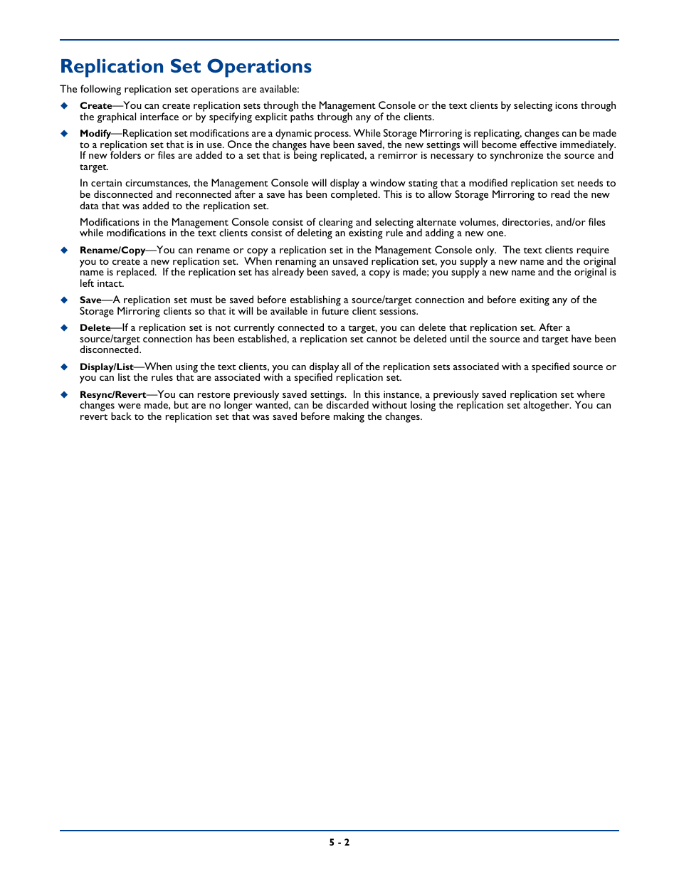 Replication set operations, Replication set operations -2 | HP Storage Mirroring Software User Manual | Page 48 / 339