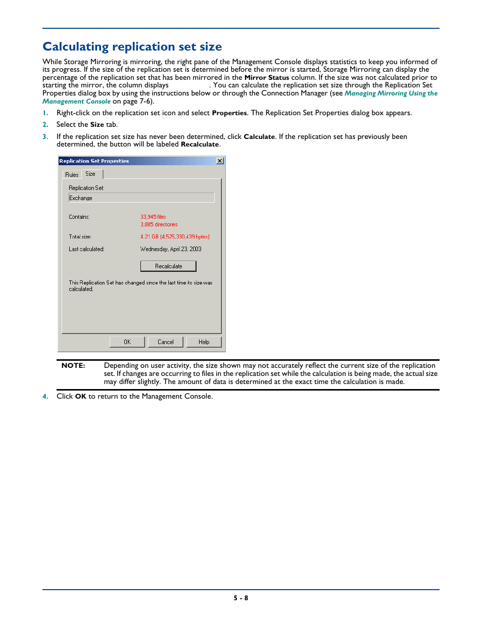 Calculating replication set size, Calculating replication set size -8 | HP Storage Mirroring Software User Manual | Page 54 / 339