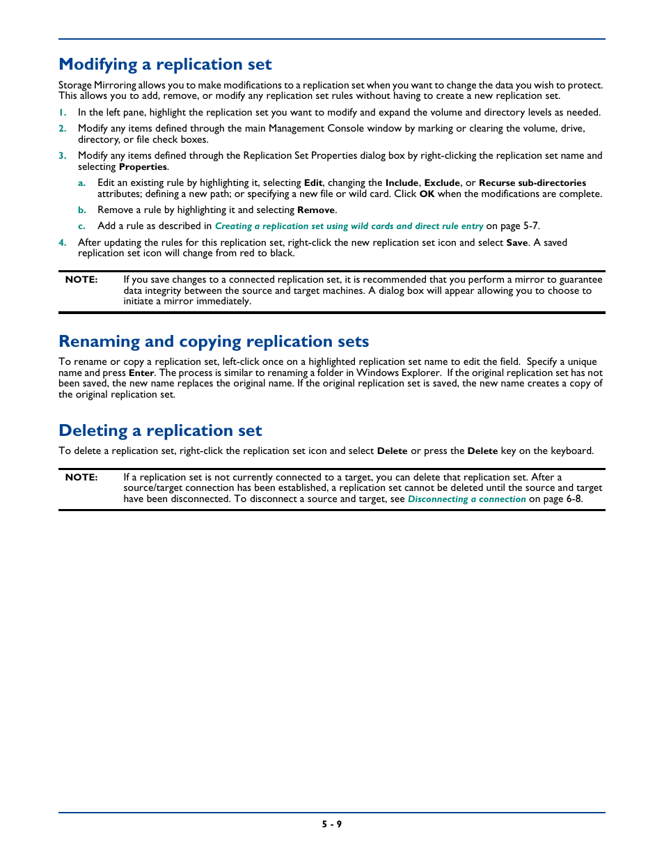 Modifying a replication set, Renaming and copying replication sets, Deleting a replication set | HP Storage Mirroring Software User Manual | Page 55 / 339