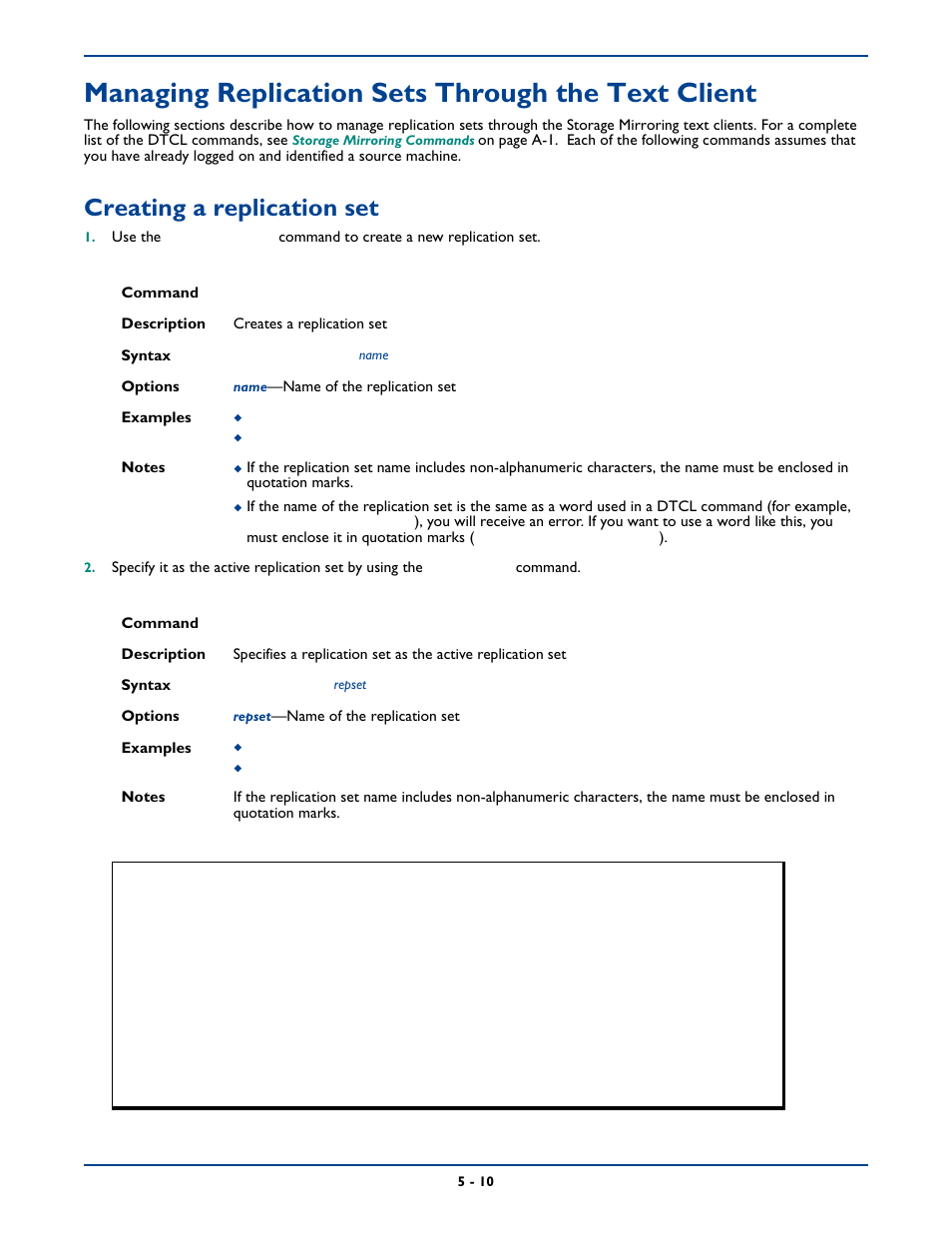 Managing replication sets through the text client, Creating a replication set, Creating a replication set -10 | HP Storage Mirroring Software User Manual | Page 56 / 339