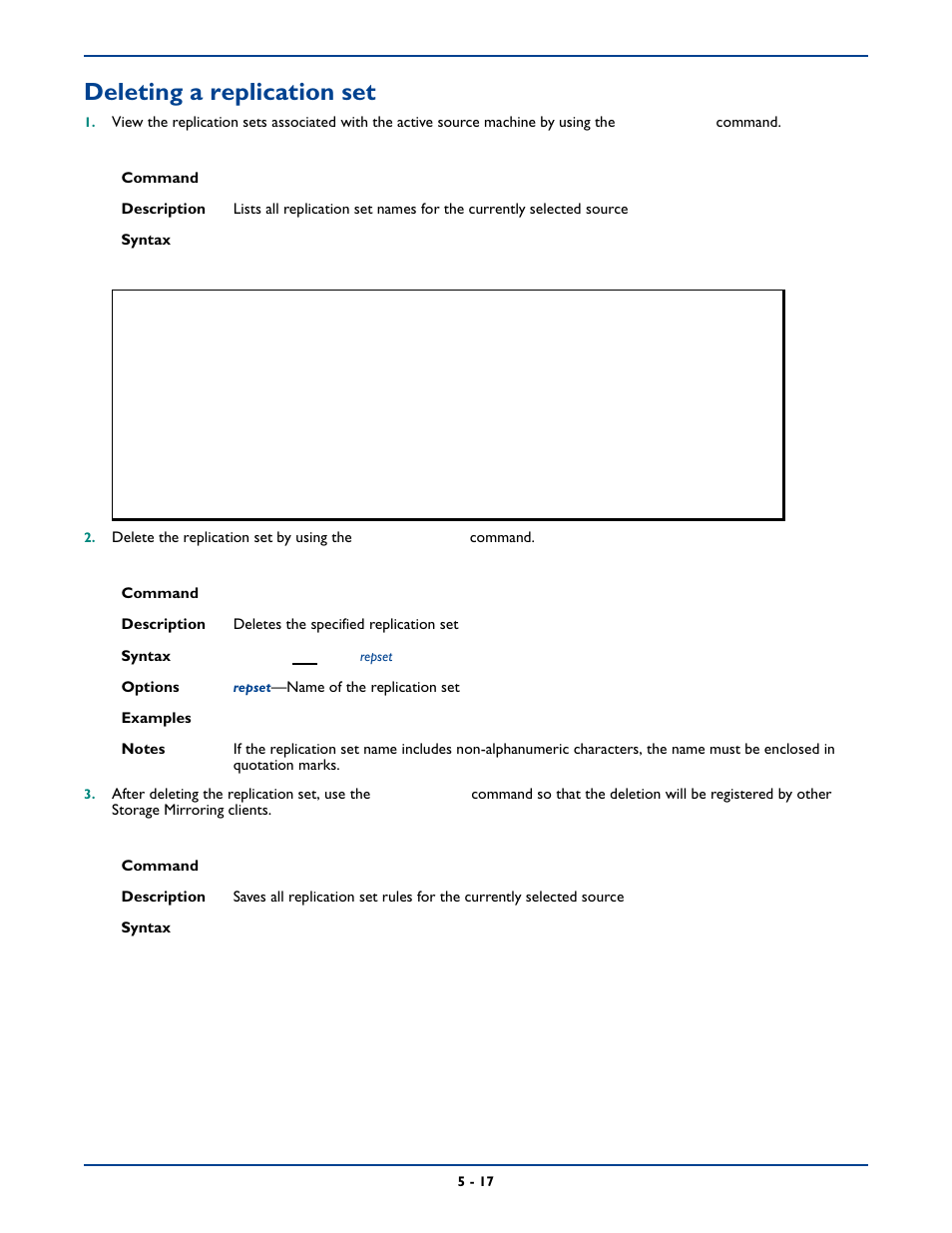 Deleting a replication set, Deleting a replication set -17 | HP Storage Mirroring Software User Manual | Page 63 / 339