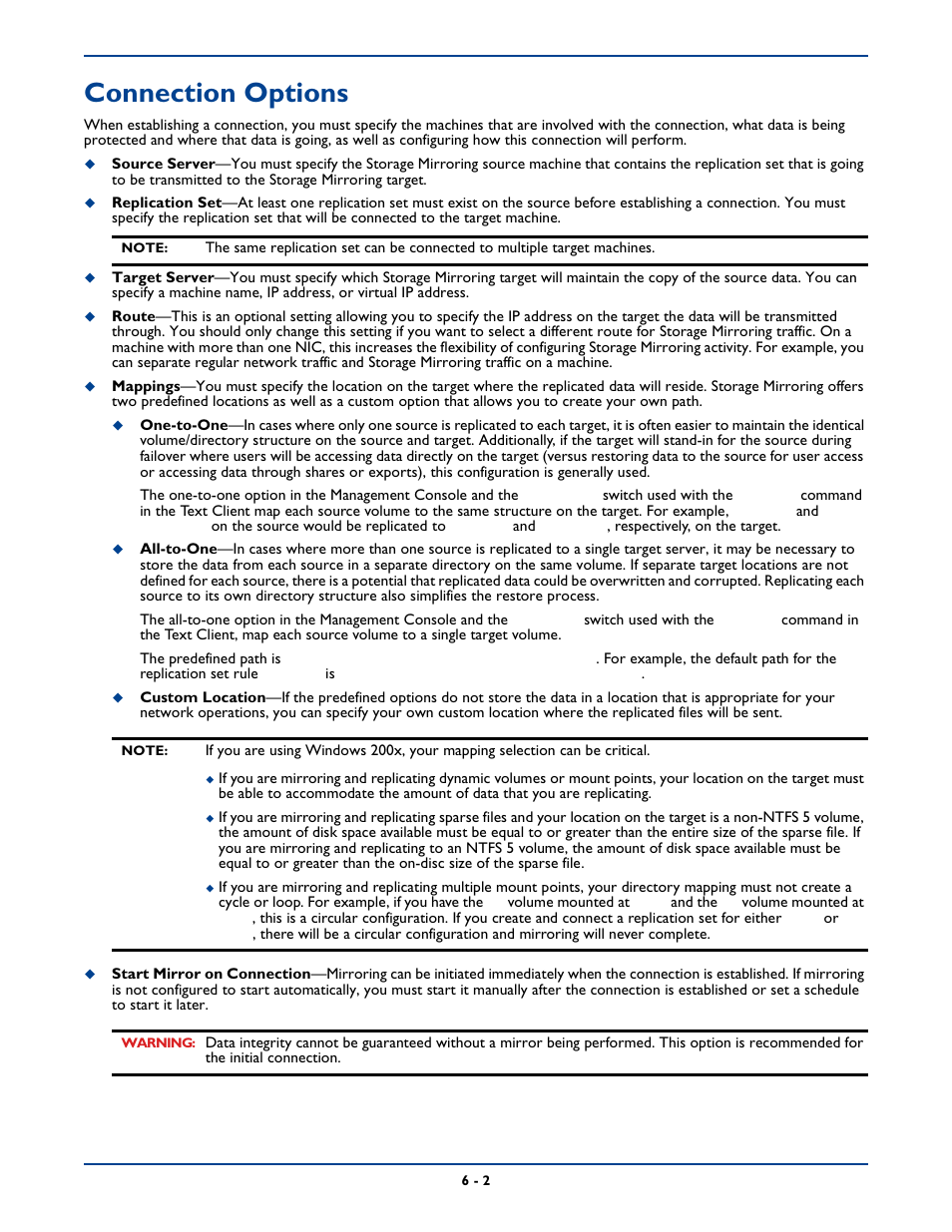 Connection options, Connection options -2 | HP Storage Mirroring Software User Manual | Page 65 / 339