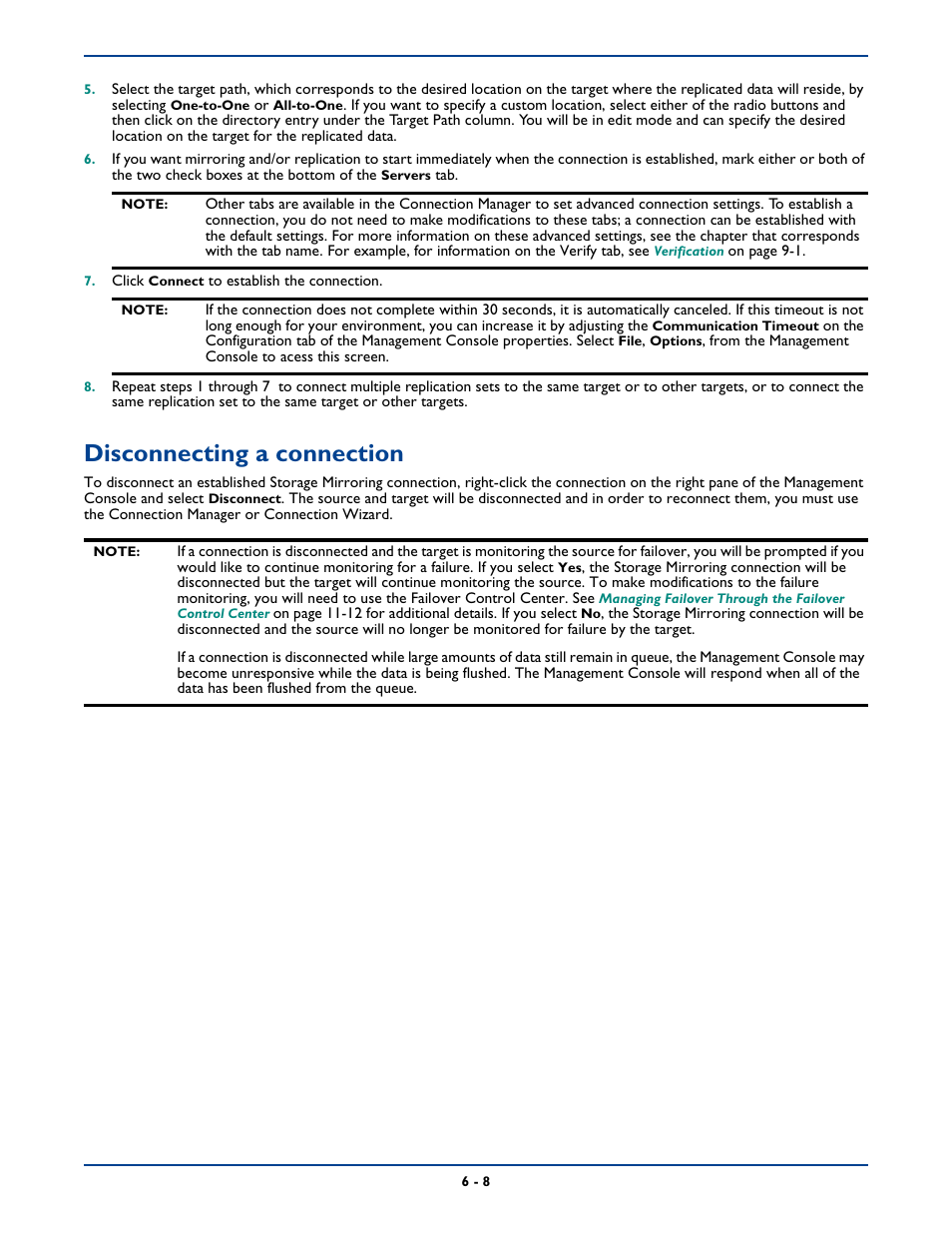 Disconnecting a connection, Disconnecting a connection -8 | HP Storage Mirroring Software User Manual | Page 71 / 339