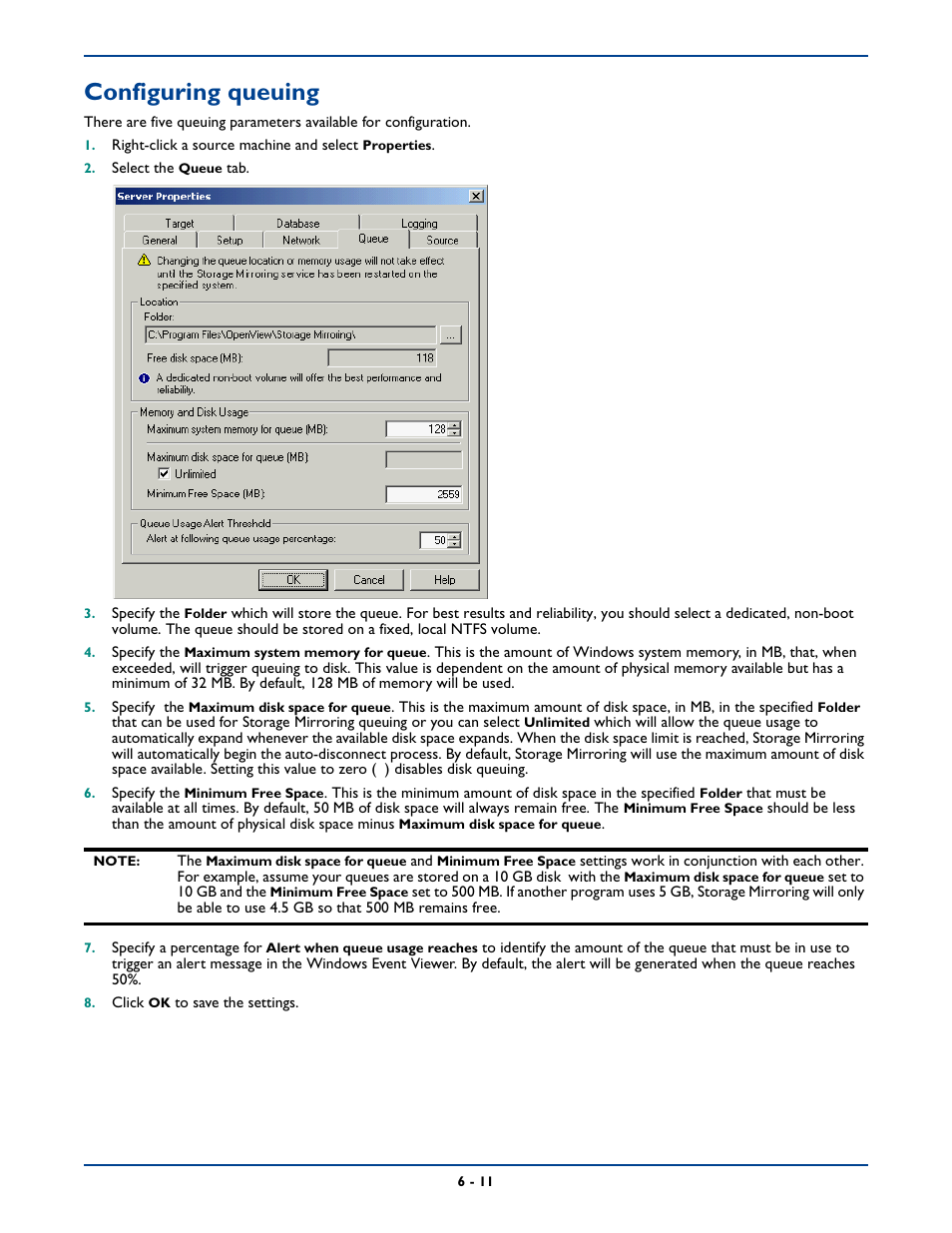 Configuring queuing | HP Storage Mirroring Software User Manual | Page 74 / 339