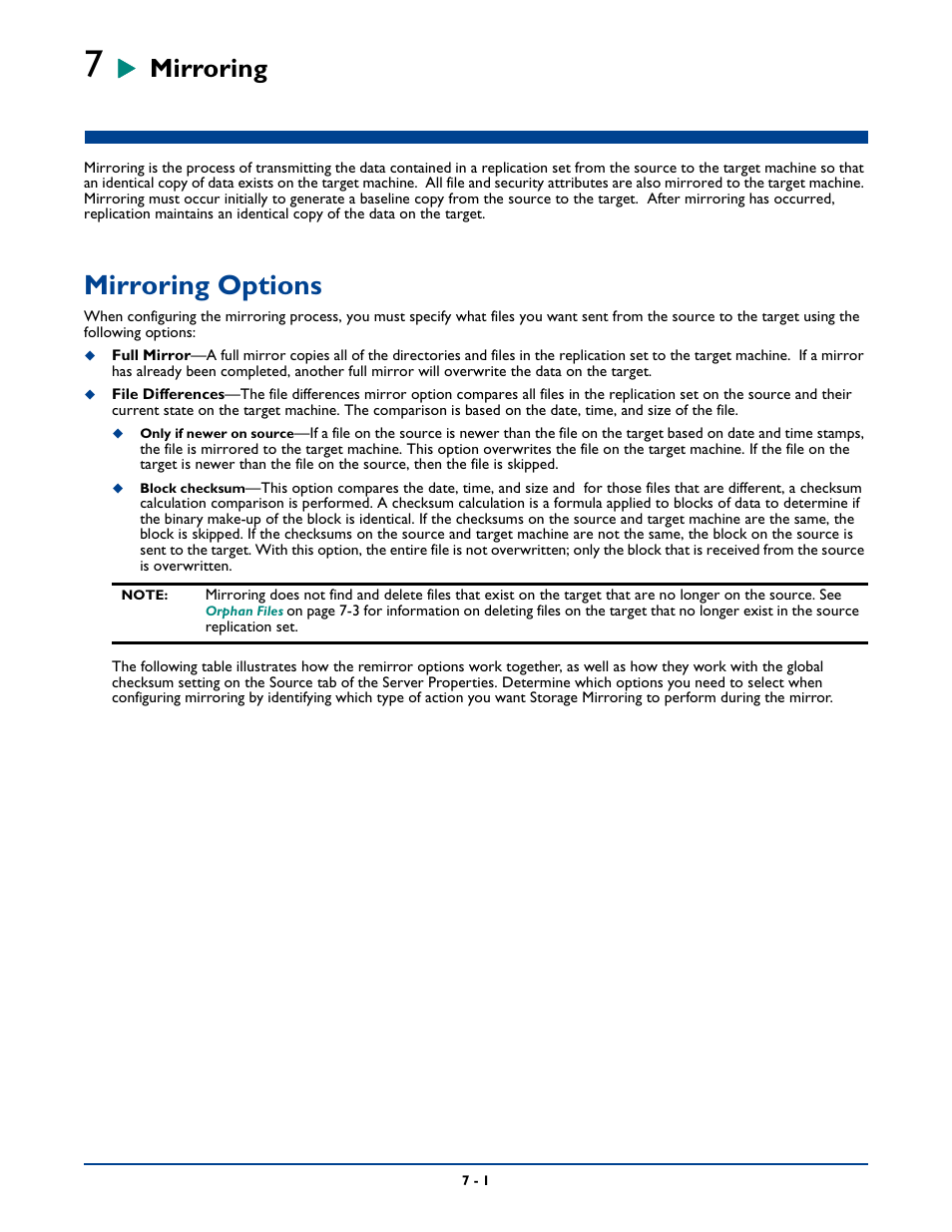 Mirroring, Mirroring options, Chapter 7: mirroring -1 | Mirroring options -1 | HP Storage Mirroring Software User Manual | Page 82 / 339