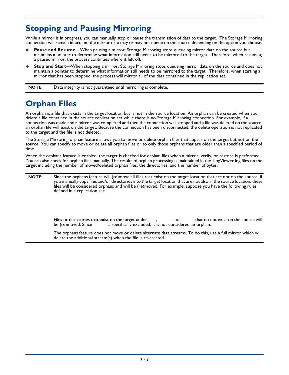 Stopping and pausing mirroring, Orphan files, Stopping and pausing mirroring -3 | Orphan files -3 | HP Storage Mirroring Software User Manual | Page 84 / 339