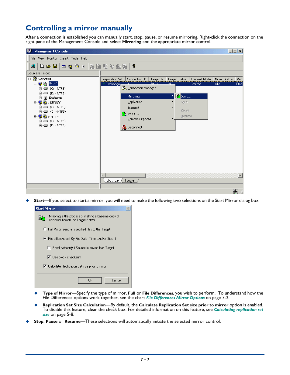Controlling a mirror manually, Controlling a mirror manually -7 | HP Storage Mirroring Software User Manual | Page 88 / 339