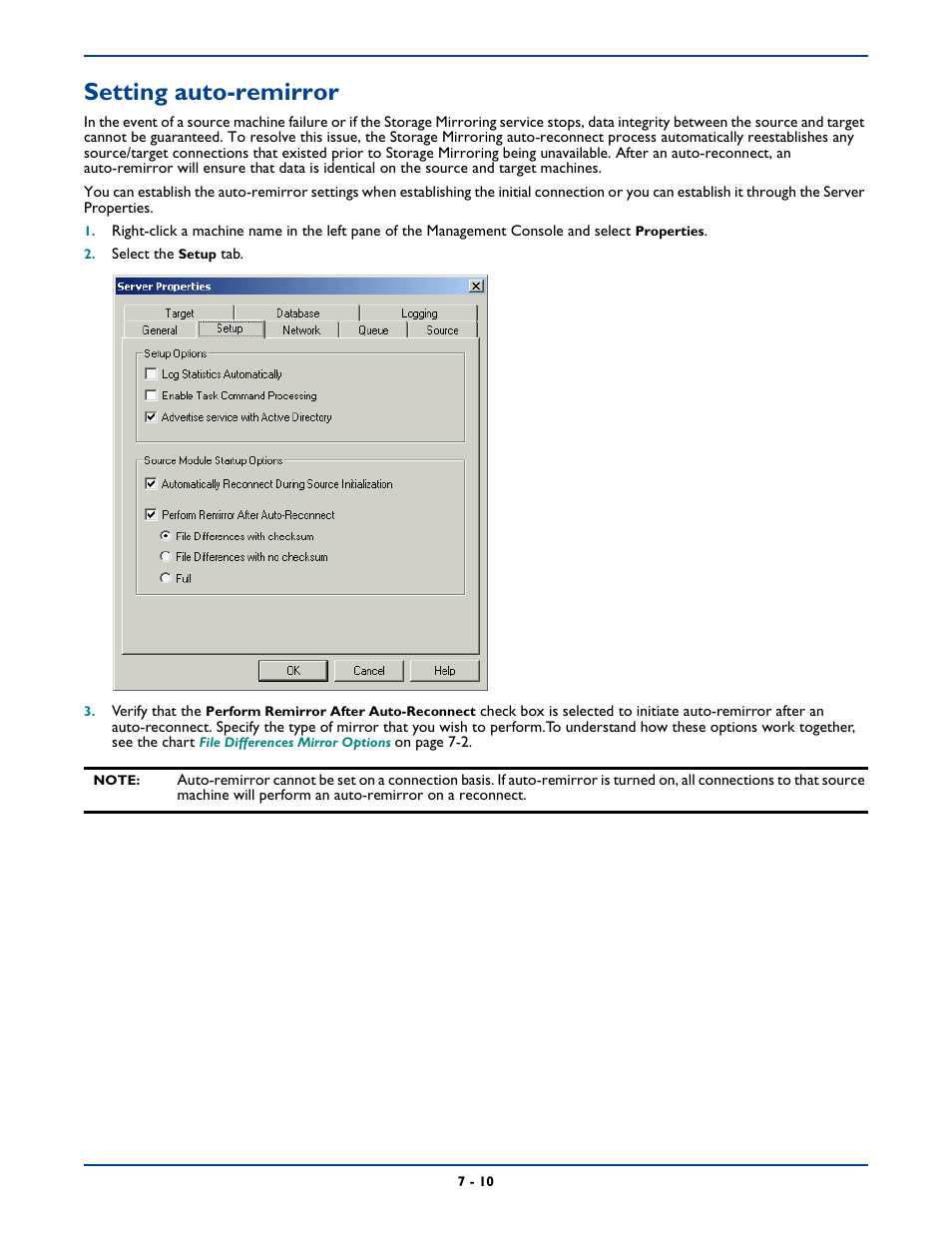 Setting auto-remirror, Setting auto-remirror -10 | HP Storage Mirroring Software User Manual | Page 91 / 339