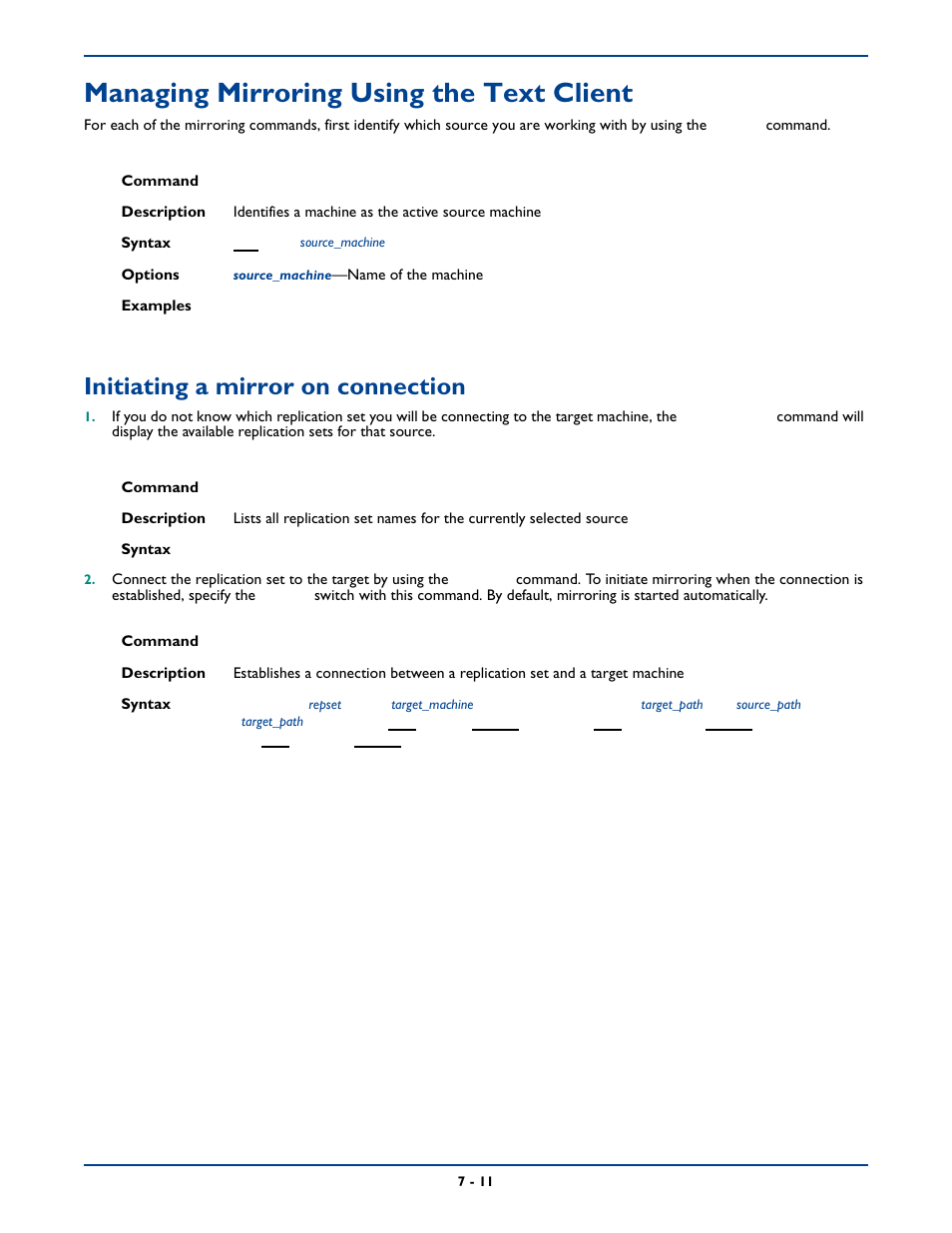 Managing mirroring using the text client, Initiating a mirror on connection, Managing mirroring using the text client -11 | Initiating a mirror on connection -11 | HP Storage Mirroring Software User Manual | Page 92 / 339