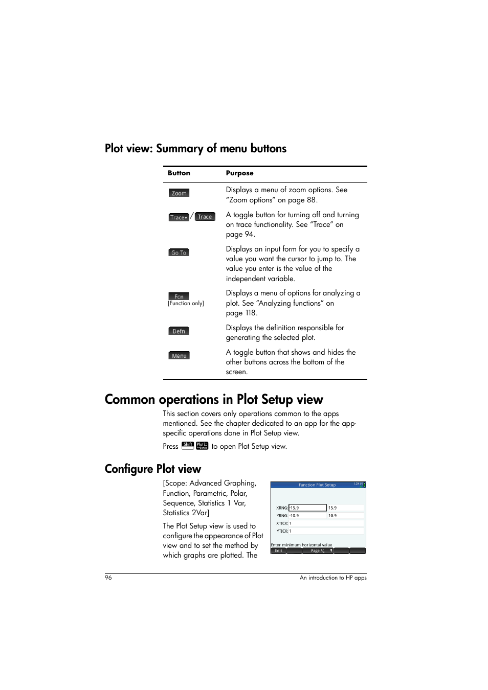 Plot view: summary of menu buttons, Common operations in plot setup view, Configure plot view | HP Prime Graphing Calculator User Manual | Page 100 / 608
