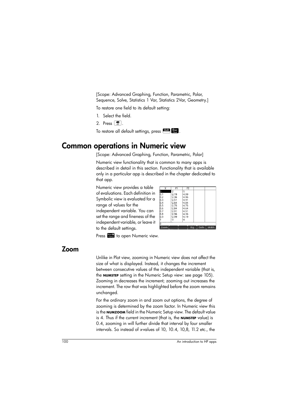 Common operations in numeric view, Zoom, Restore default settings | HP Prime Graphing Calculator User Manual | Page 104 / 608