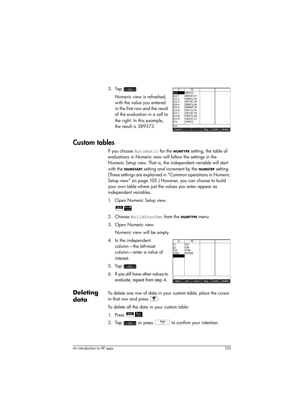 Custom tables, Deleting data | HP Prime Graphing Calculator User Manual | Page 107 / 608