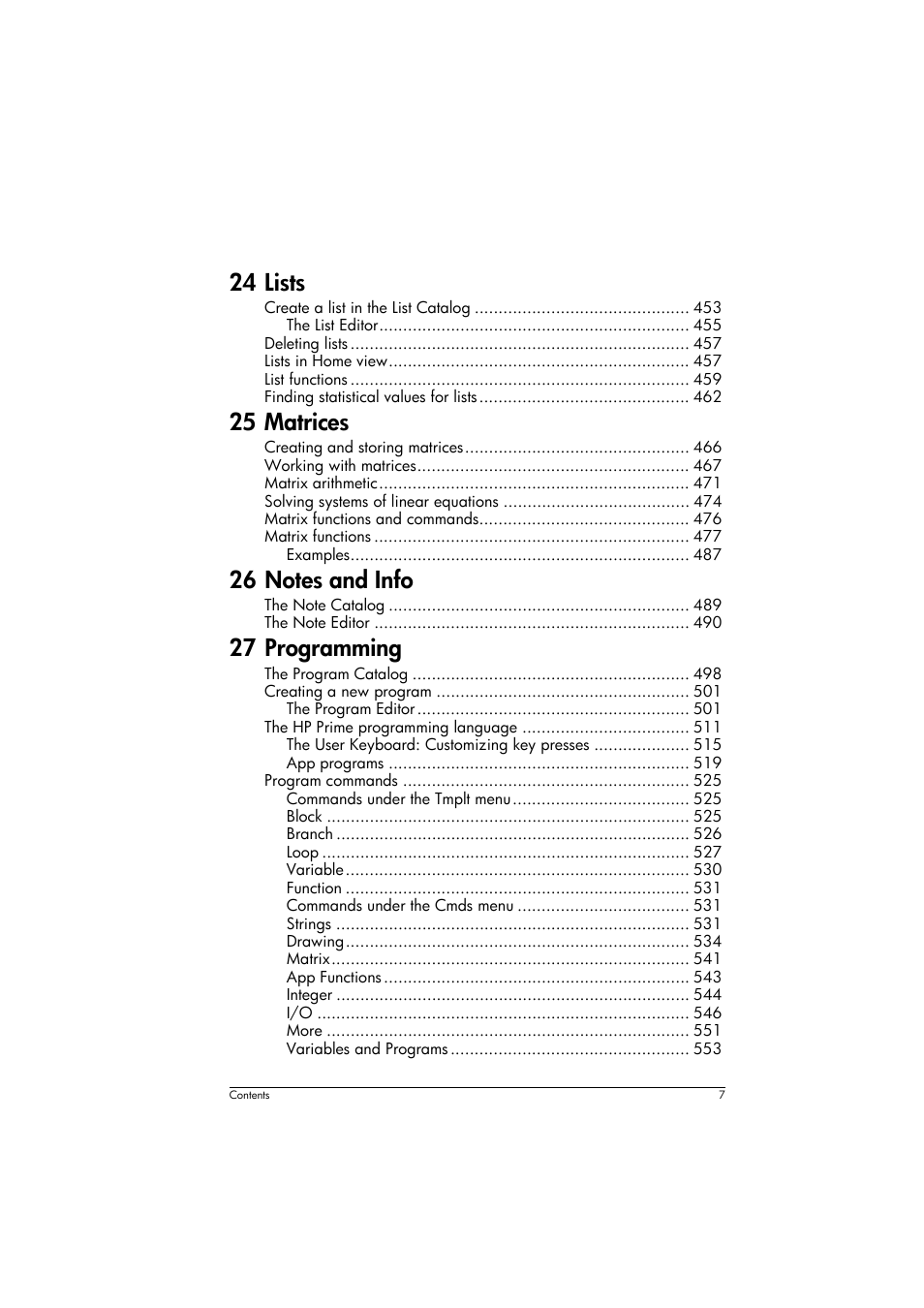 24 lists, 25 matrices, 27 programming | HP Prime Graphing Calculator User Manual | Page 11 / 608