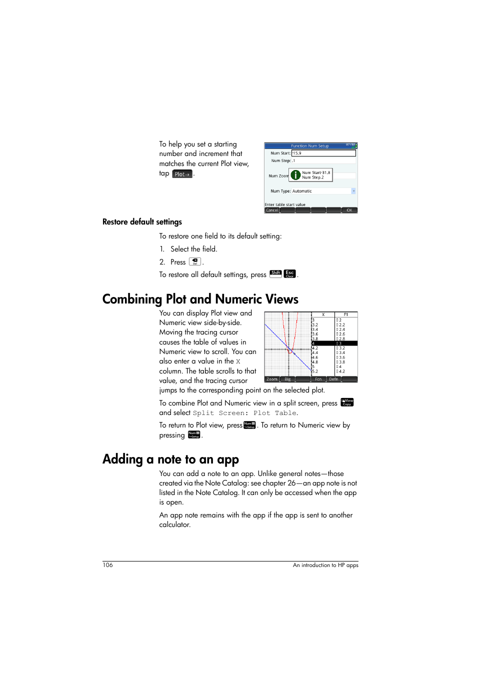 Combining plot and numeric views, Adding a note to an app | HP Prime Graphing Calculator User Manual | Page 110 / 608