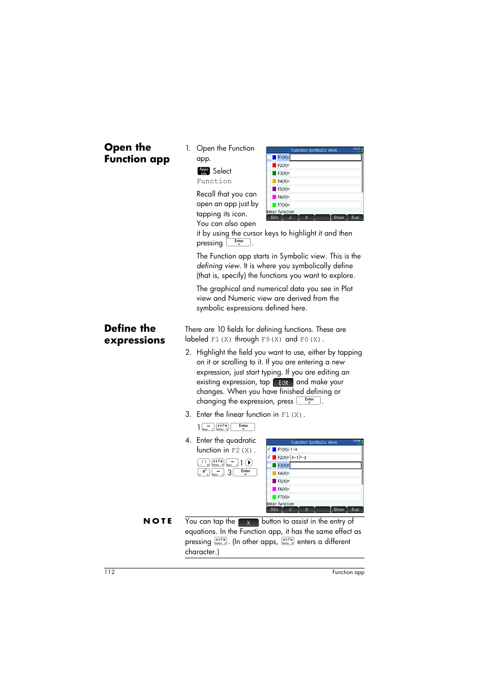 Open the function app, Define the expressions | HP Prime Graphing Calculator User Manual | Page 116 / 608