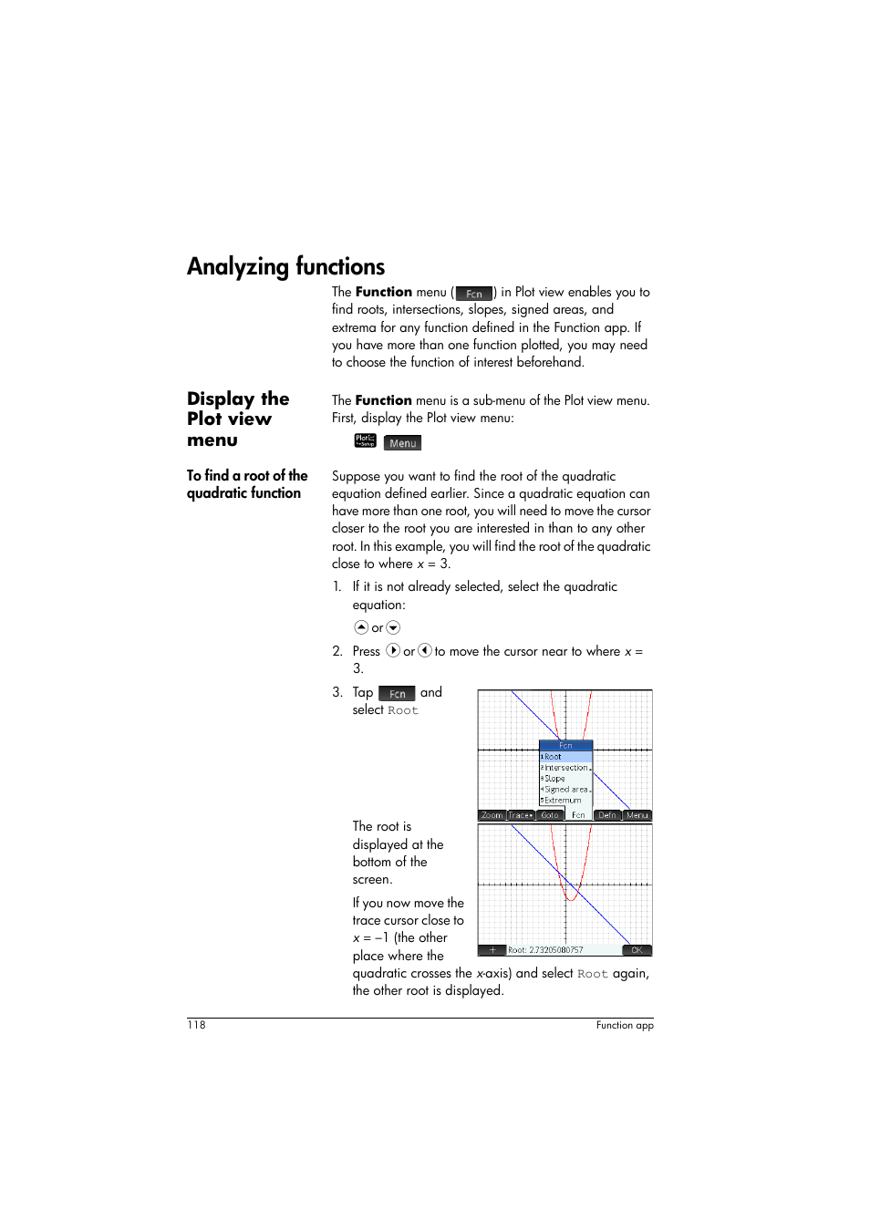 Analyzing functions, Display the plot view menu | HP Prime Graphing Calculator User Manual | Page 122 / 608