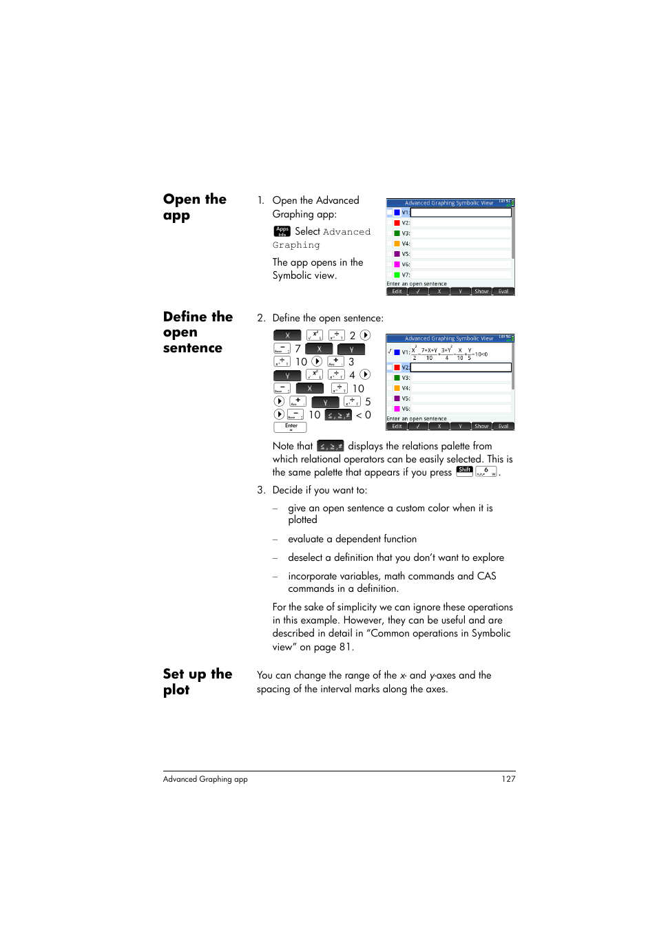 Open the app, Define the open sentence, Set up the plot | HP Prime Graphing Calculator User Manual | Page 131 / 608