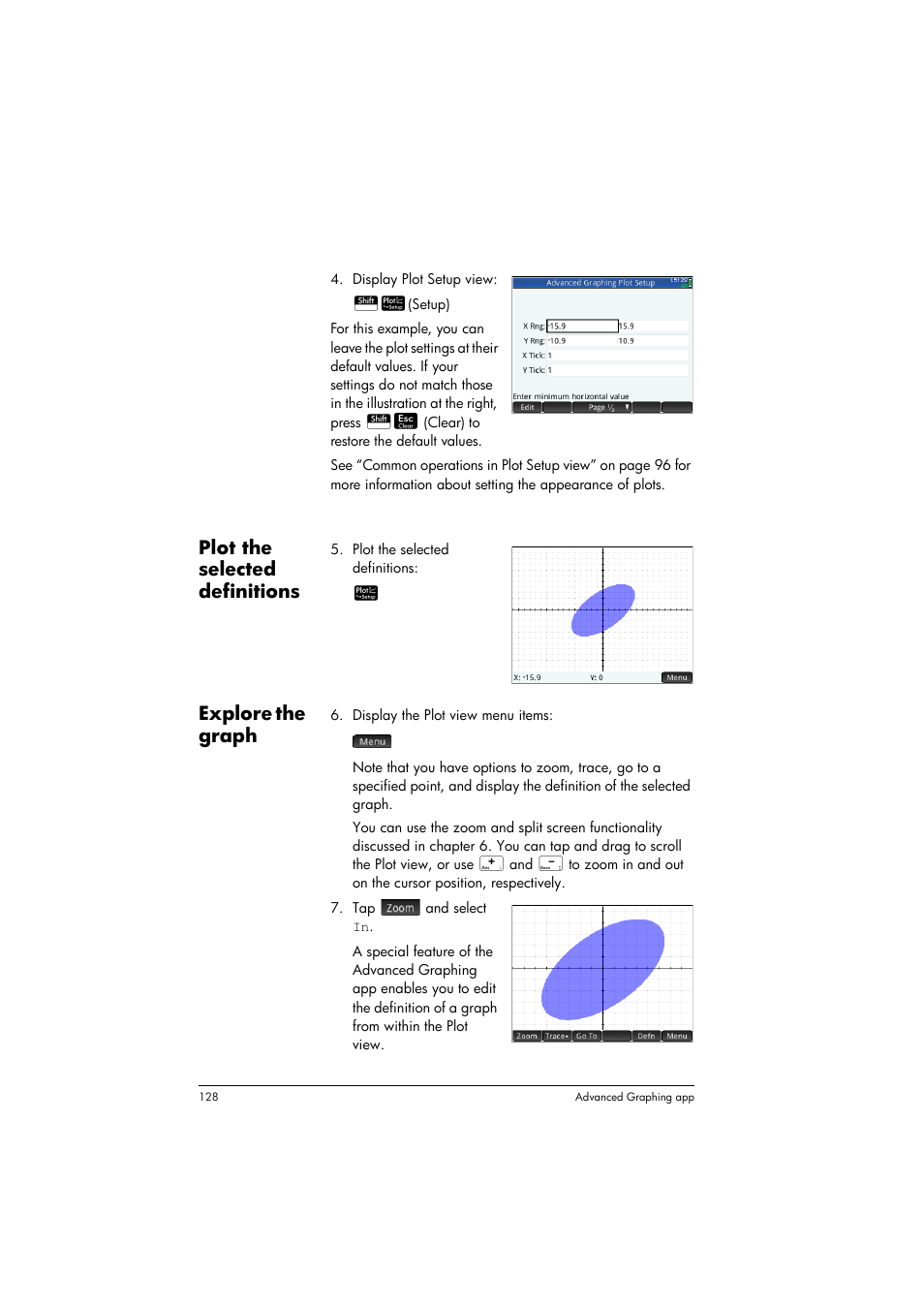 Plot the selected definitions, Explore the graph | HP Prime Graphing Calculator User Manual | Page 132 / 608