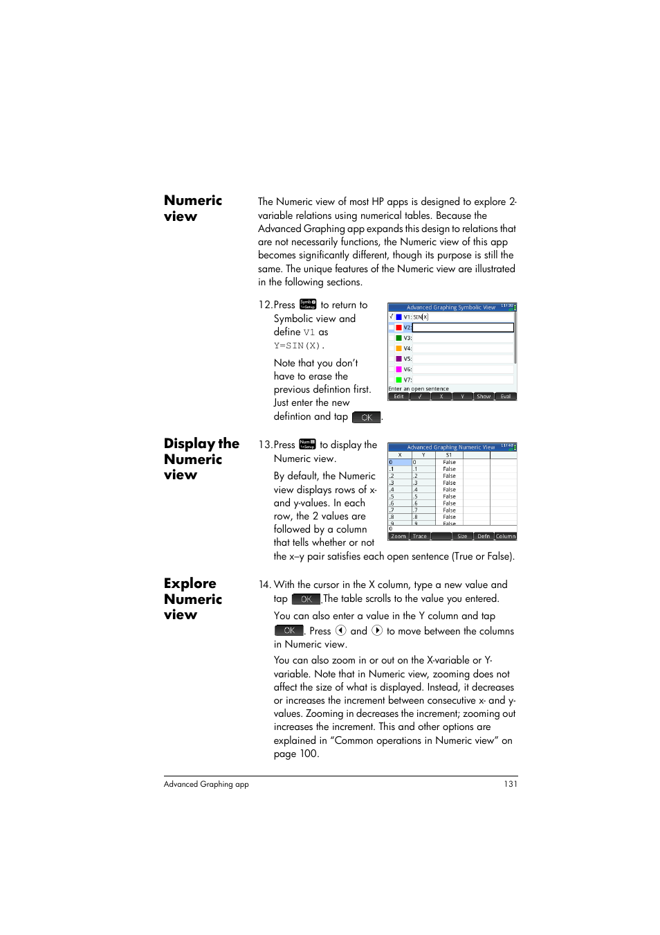 Numeric view, Display the numeric view, Explore numeric view | HP Prime Graphing Calculator User Manual | Page 135 / 608