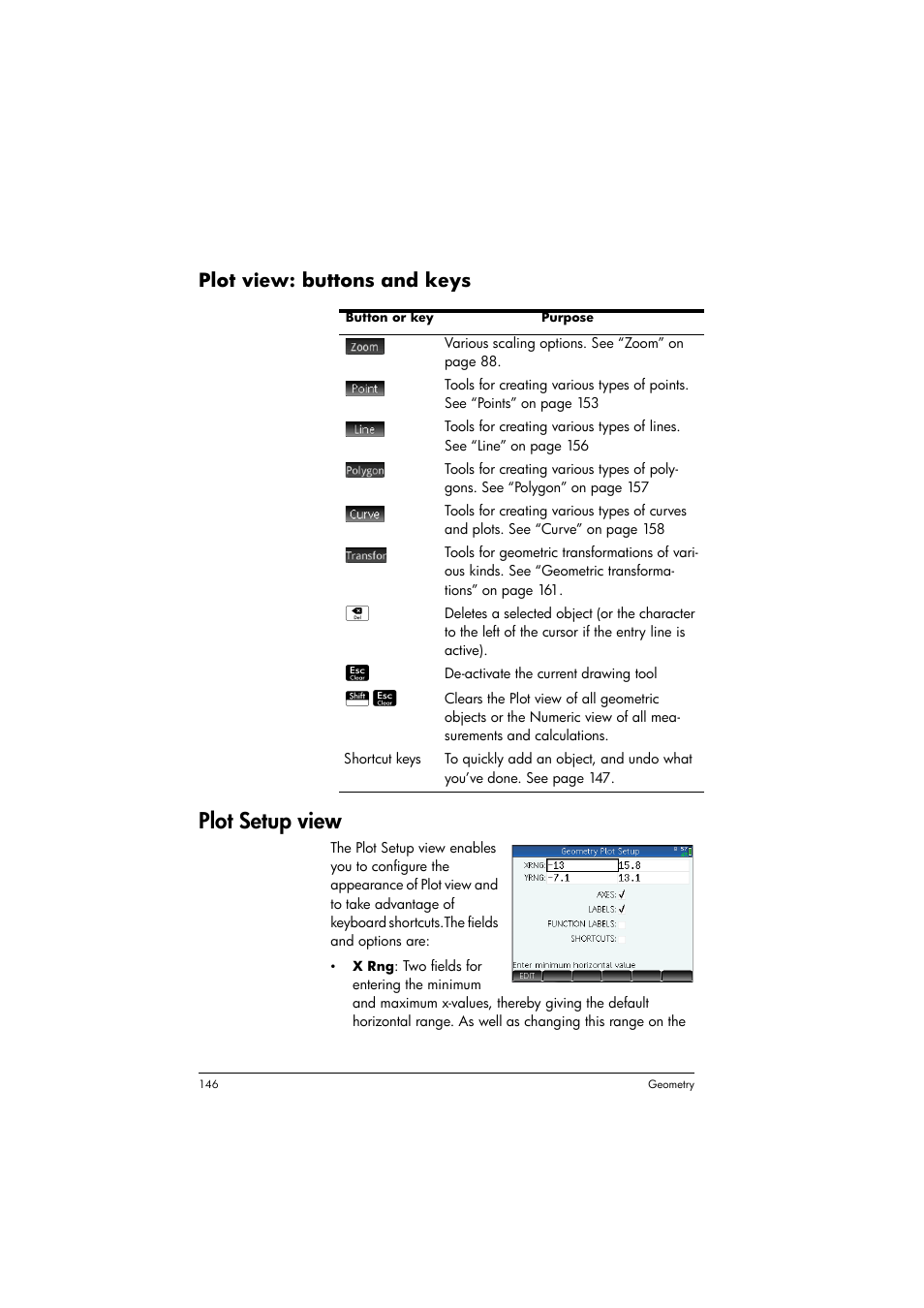 Plot setup view, Plot view: buttons and keys | HP Prime Graphing Calculator User Manual | Page 150 / 608