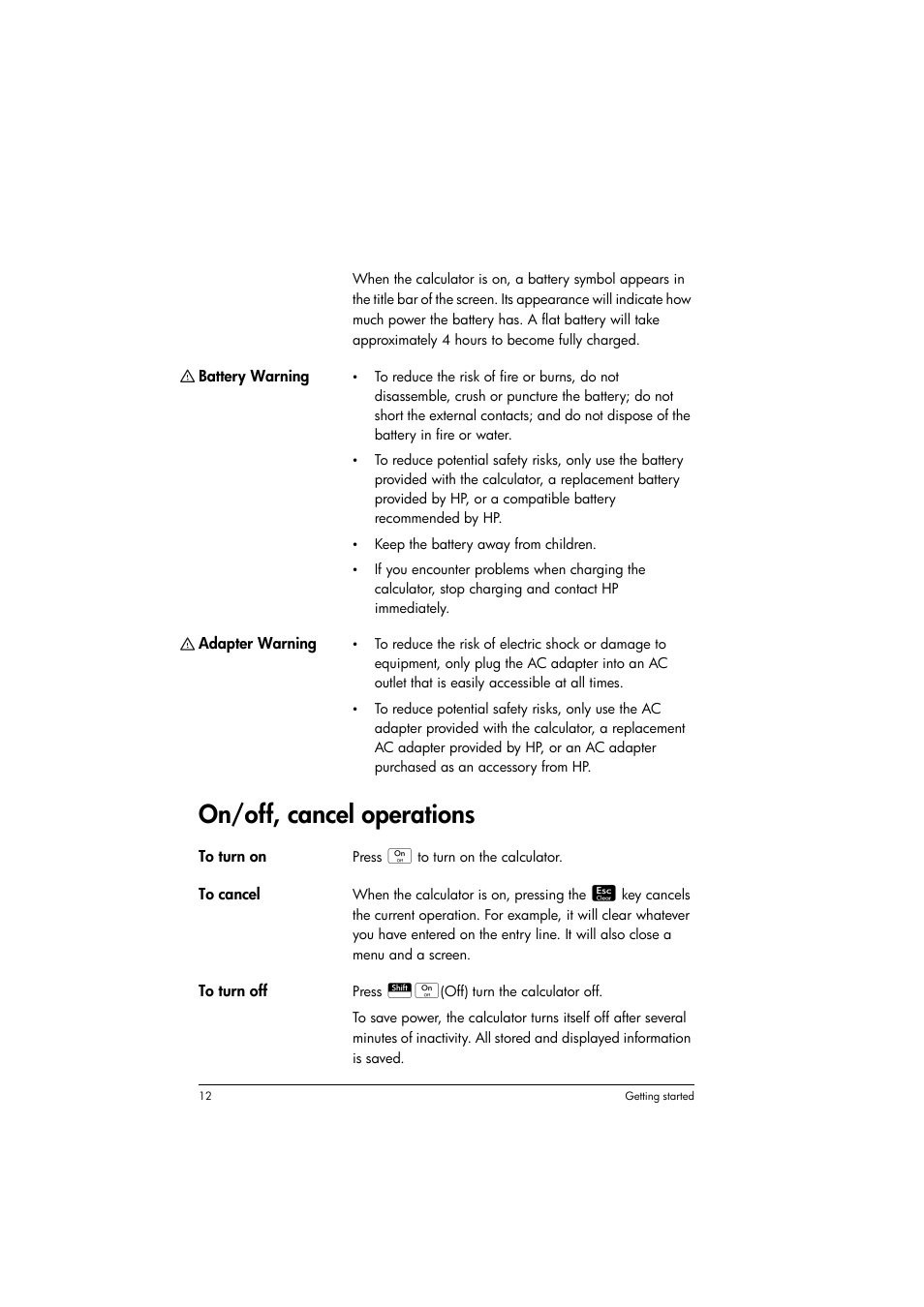 On/off, cancel operations | HP Prime Graphing Calculator User Manual | Page 16 / 608