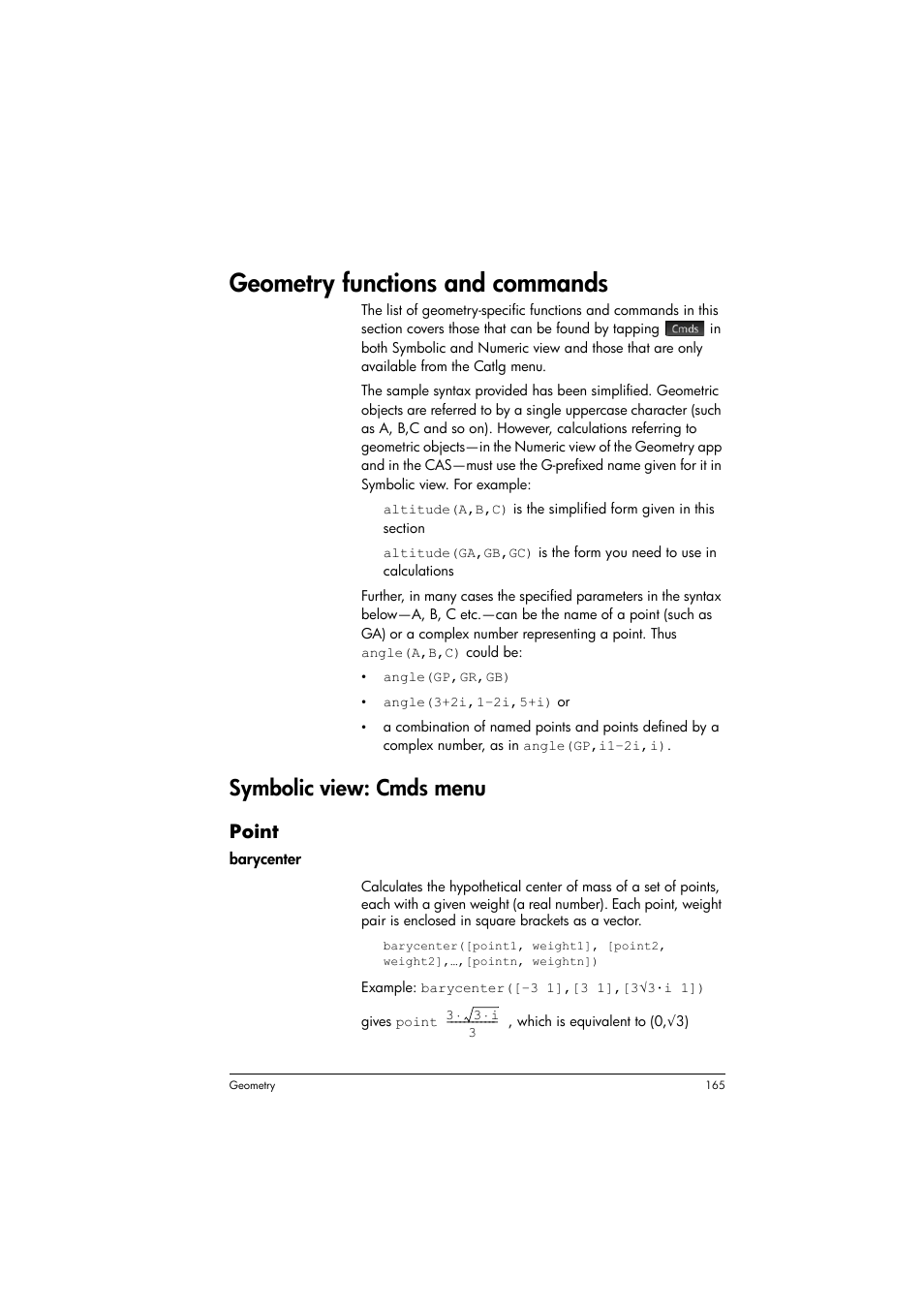 Geometry functions and commands, Symbolic view: cmds menu, Point | HP Prime Graphing Calculator User Manual | Page 169 / 608