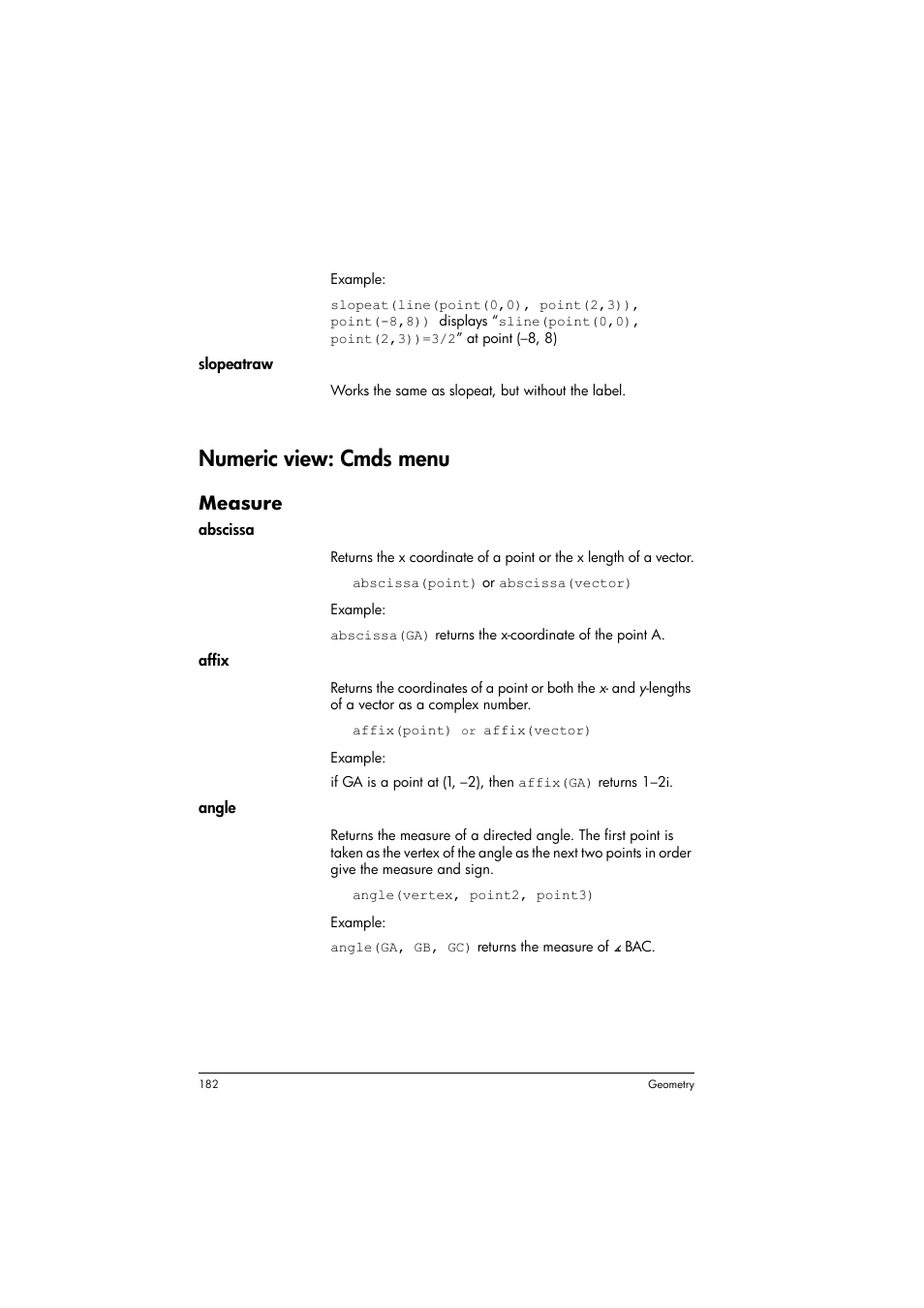 Numeric view: cmds menu, Measure | HP Prime Graphing Calculator User Manual | Page 186 / 608